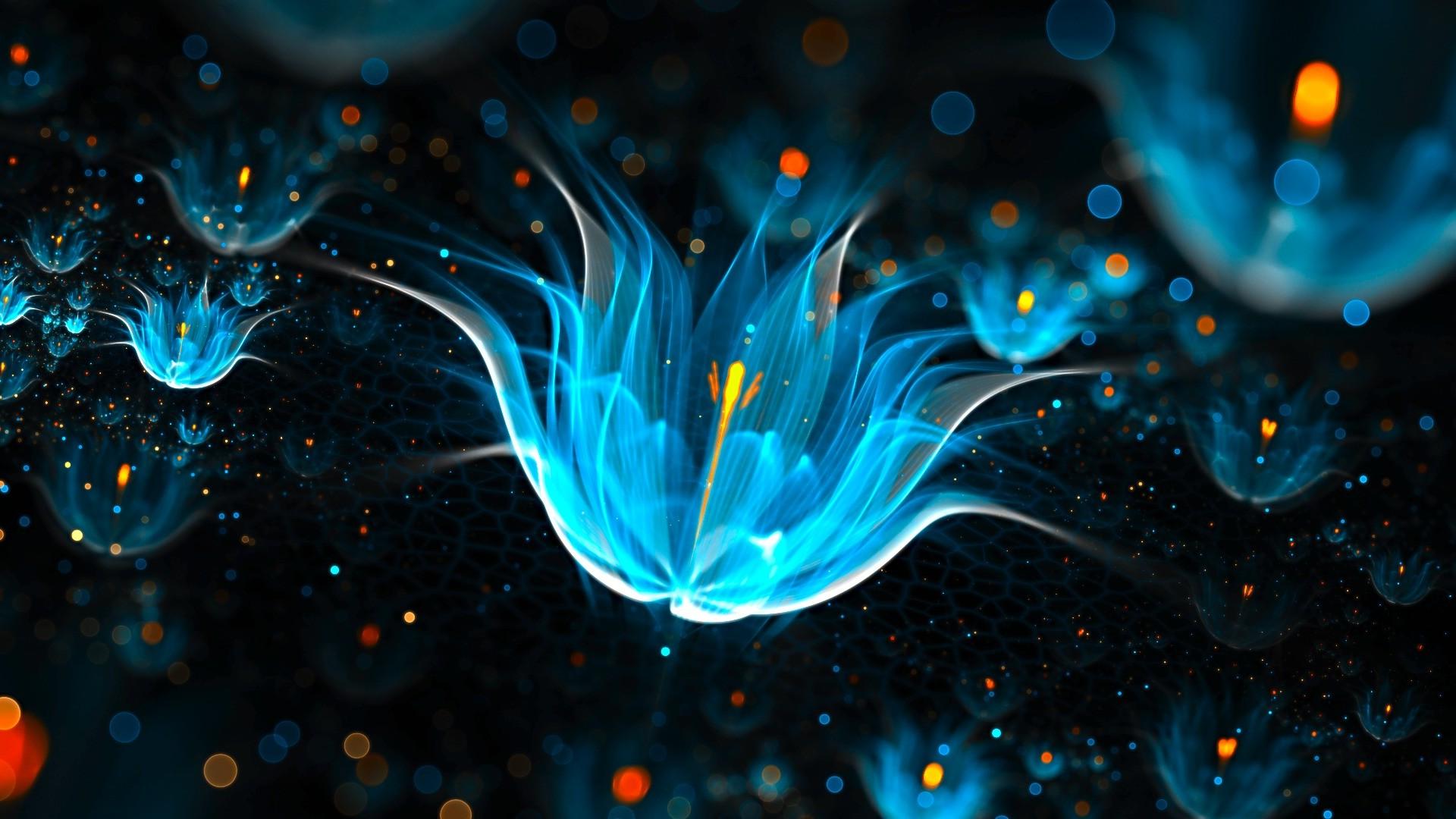 Wallpaper, abstract, water, space, blue, bokeh, fractal flowers