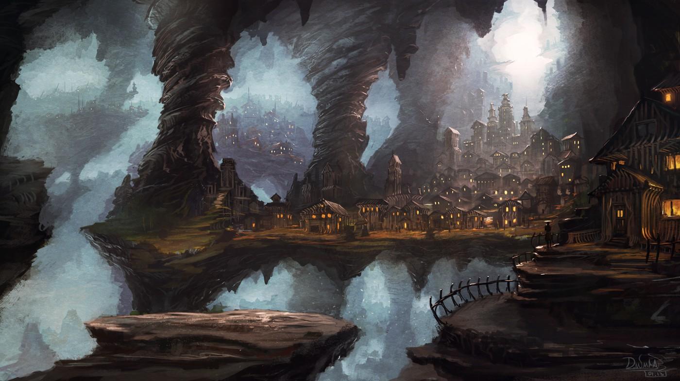 fantasy art, town, caves wallpaper