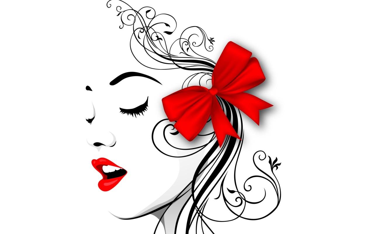 Woman Face Red Lips & Ribbon wallpaper. Woman Face Red Lips