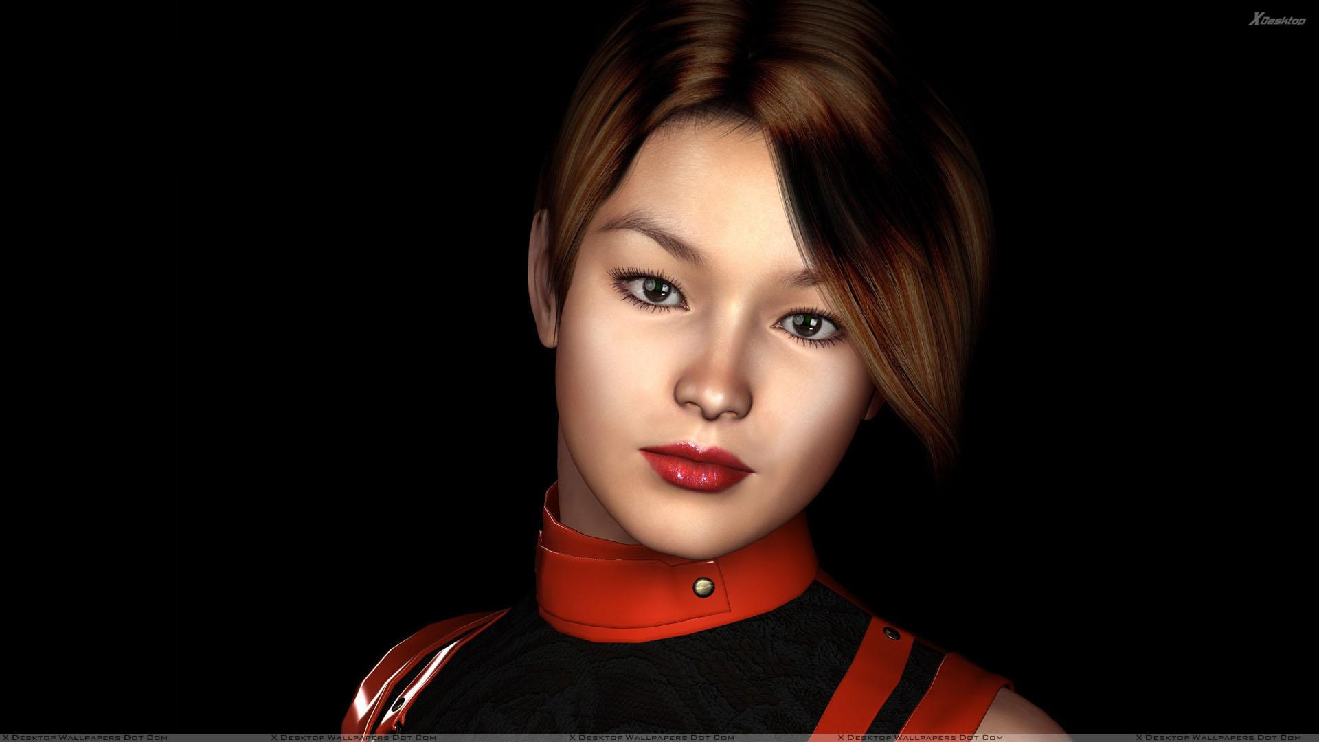 3D Girl Red Lips And Cute Face Closeup N Black Background Wallpaper