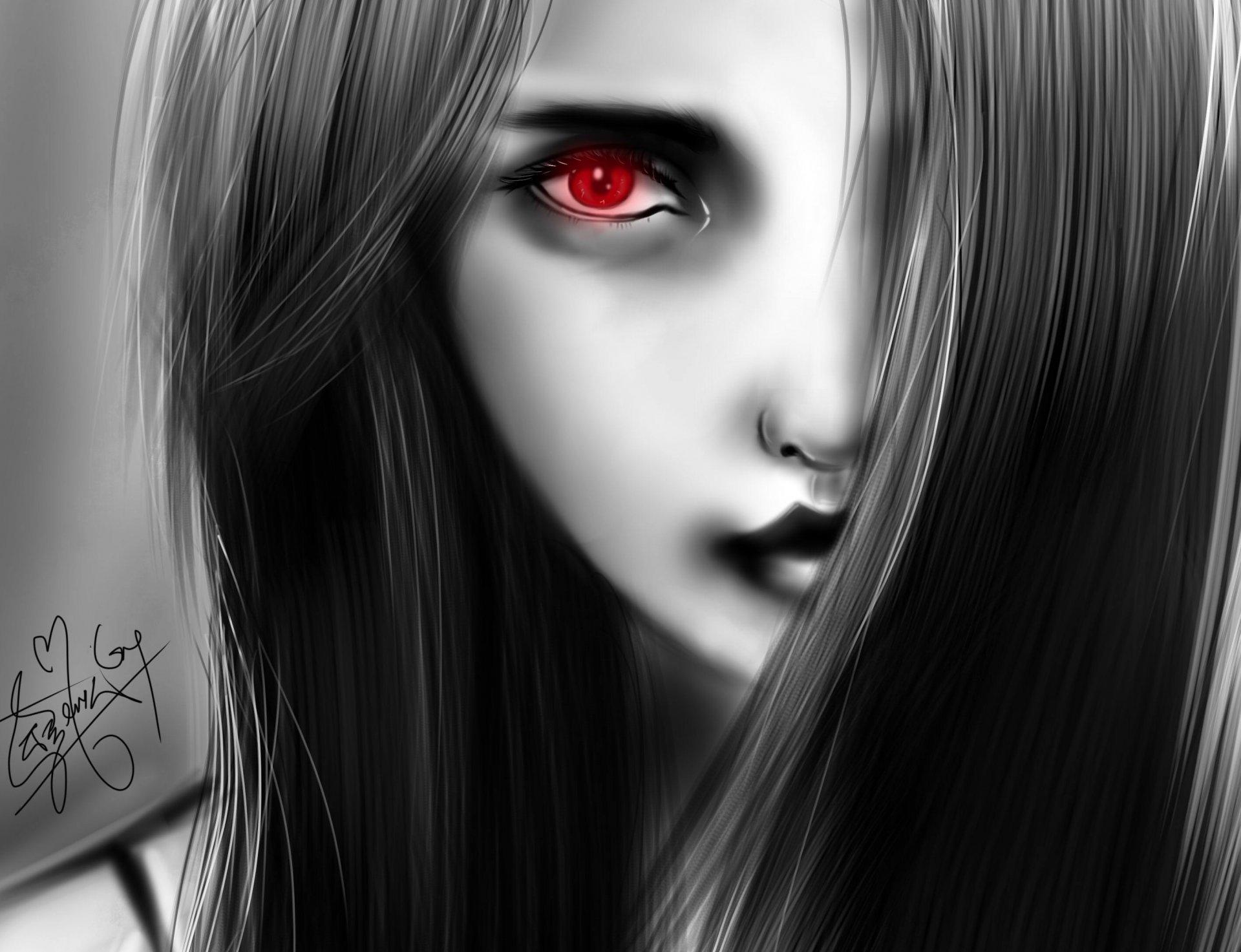 picture girl face hair red eye monochrome black and white HD wallpaper