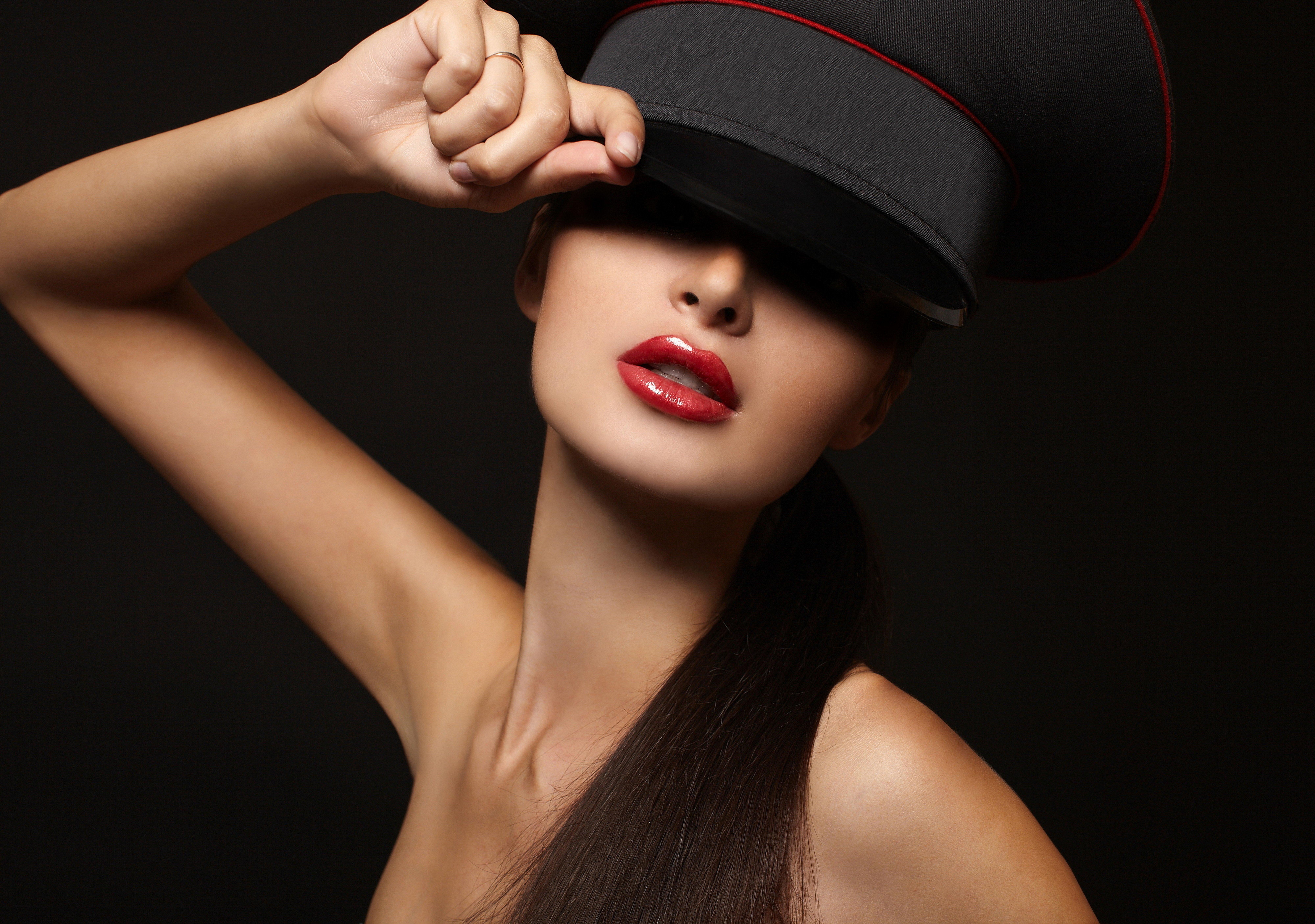 Girl model red lips lipstick face hand hair shoulders black background wallpaperx5622
