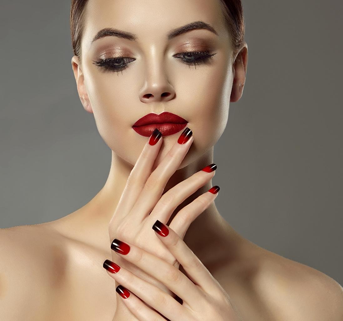 Wallpaper Manicure Makeup Face Girls Fingers Red lips Gray
