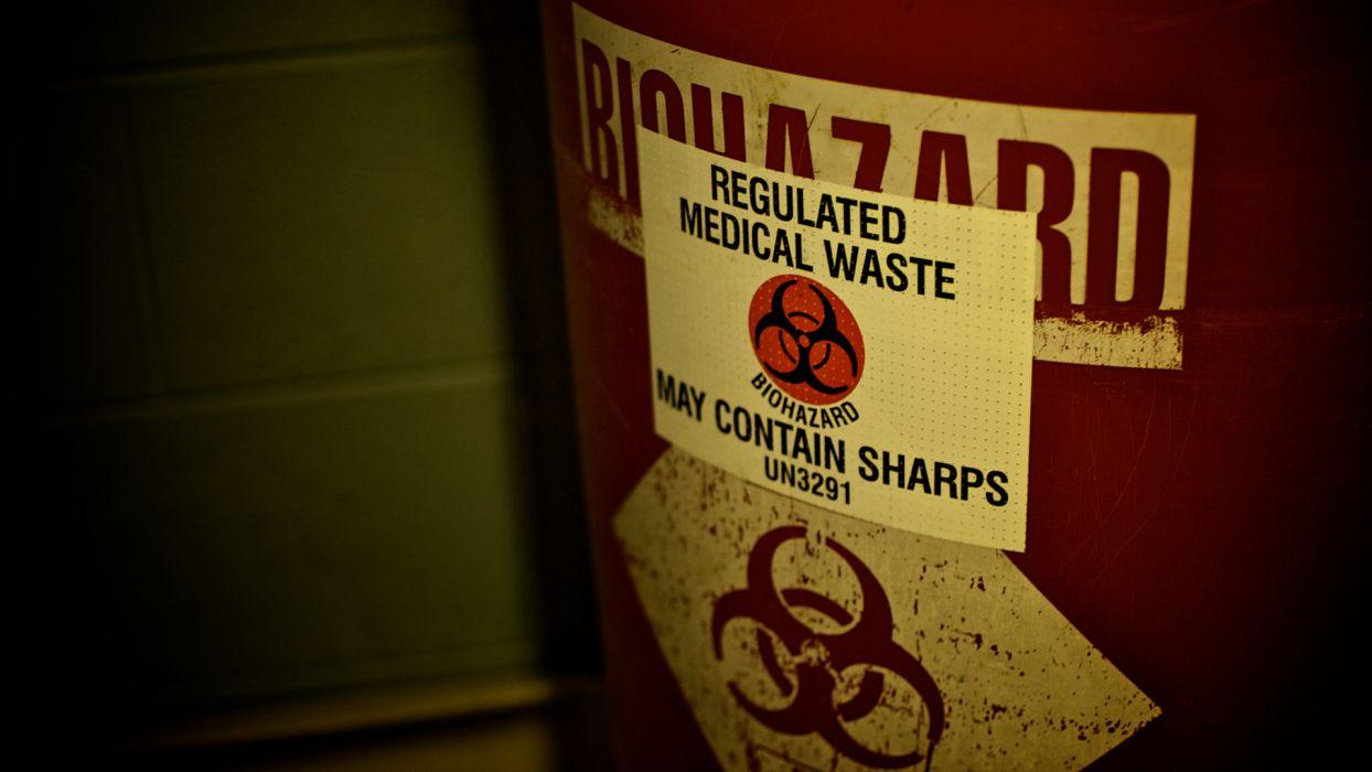 Biohazard waste warning sign needles text dark horror blood