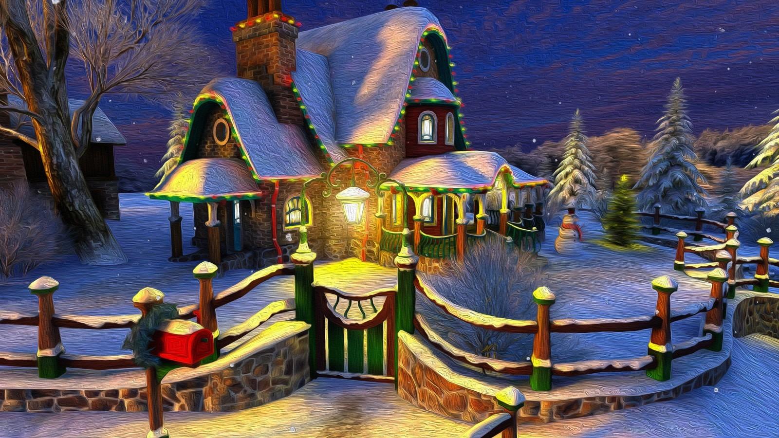 Download 1600x900 Cozy House, Christmas Door, Fence, Snow