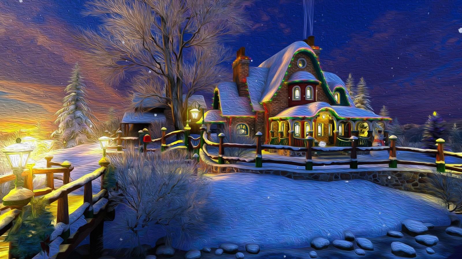 Download 1600x900 Christmas Cozy House, Winter, Snow