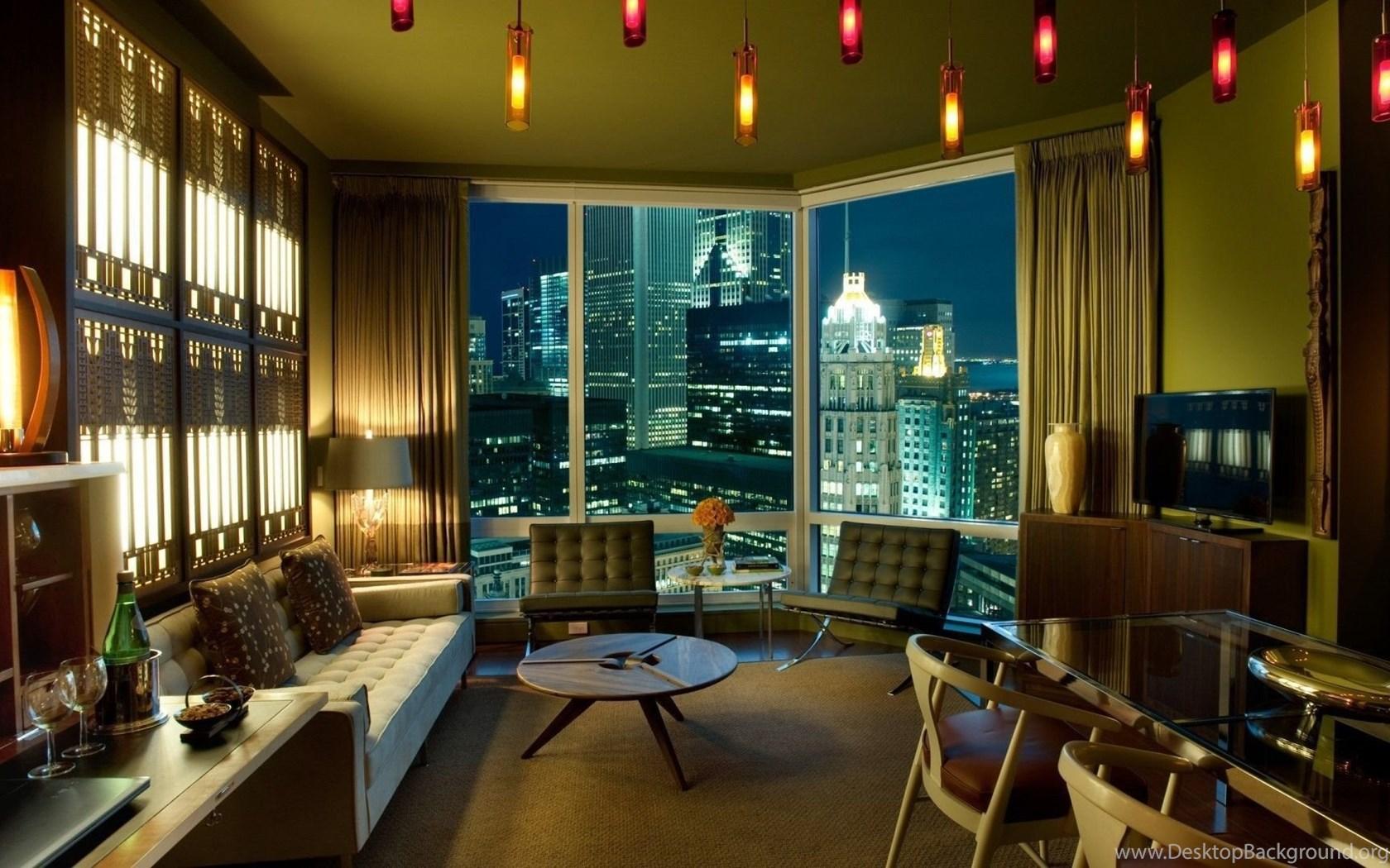 Cozy Living Room With A View Of The Big City Wallpaper And Image