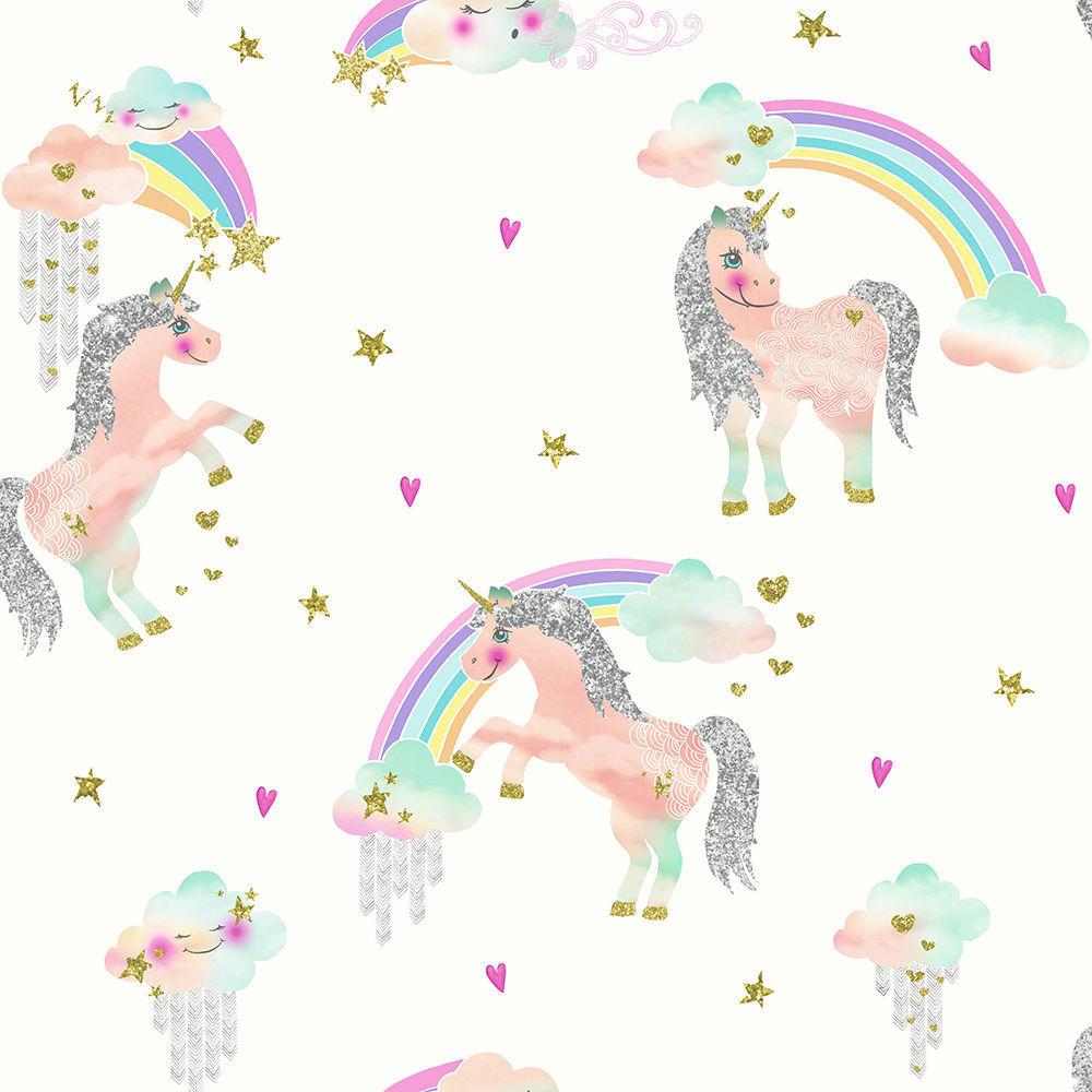 Rainbow Unicorn Wallpaper Girls Bedroom Glitter Sparkle White Silver