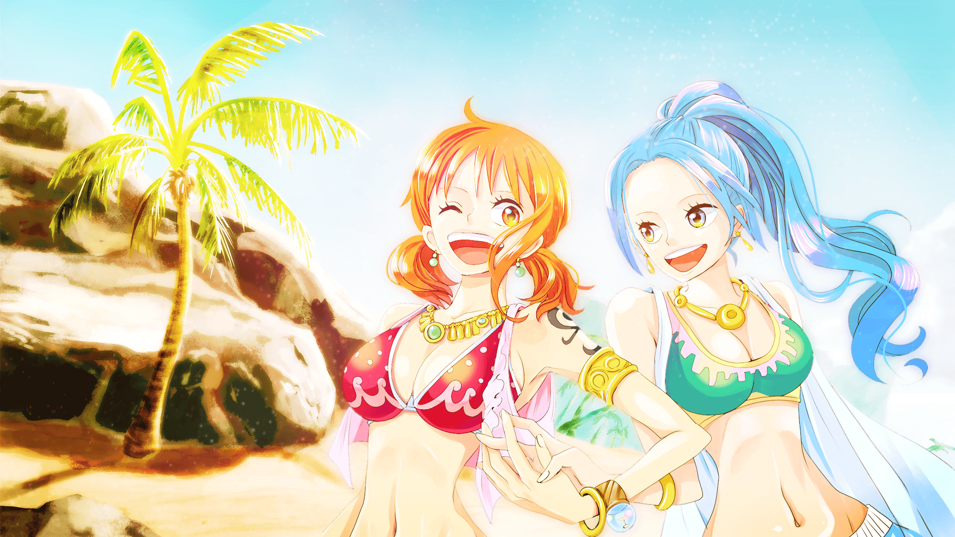 Wallpaper, One Piece, Nami, Nefertari Vivi, anime 1920x1080