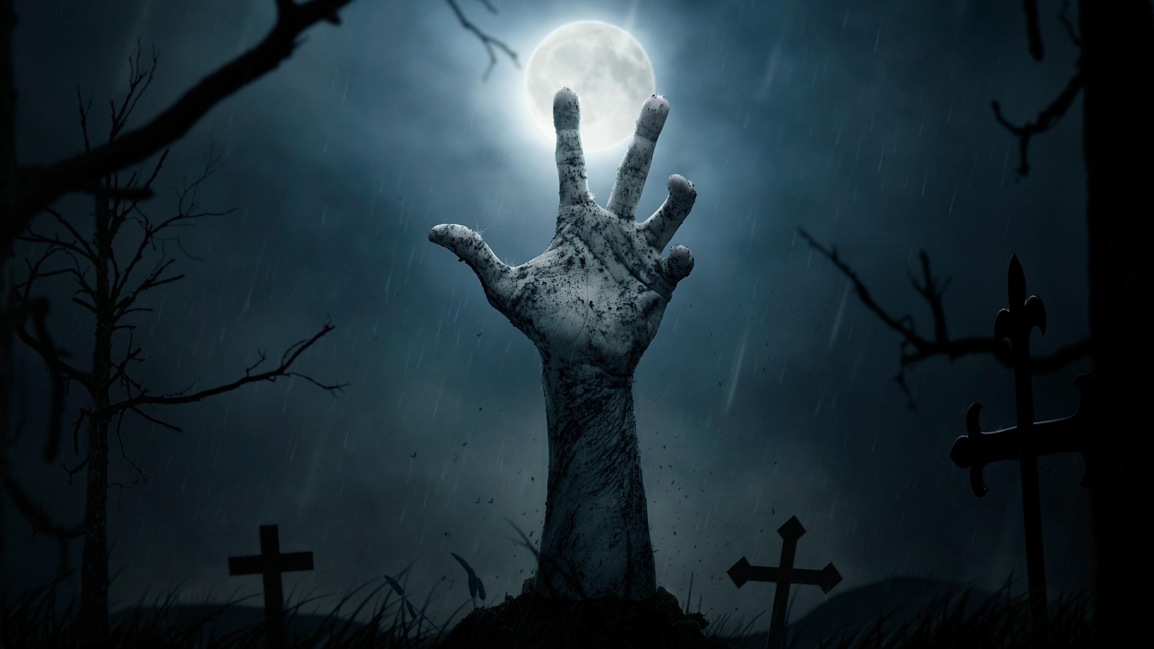 Creepy Night Cemetery With A Zombie Hand 4K UltraHD Wallpaper