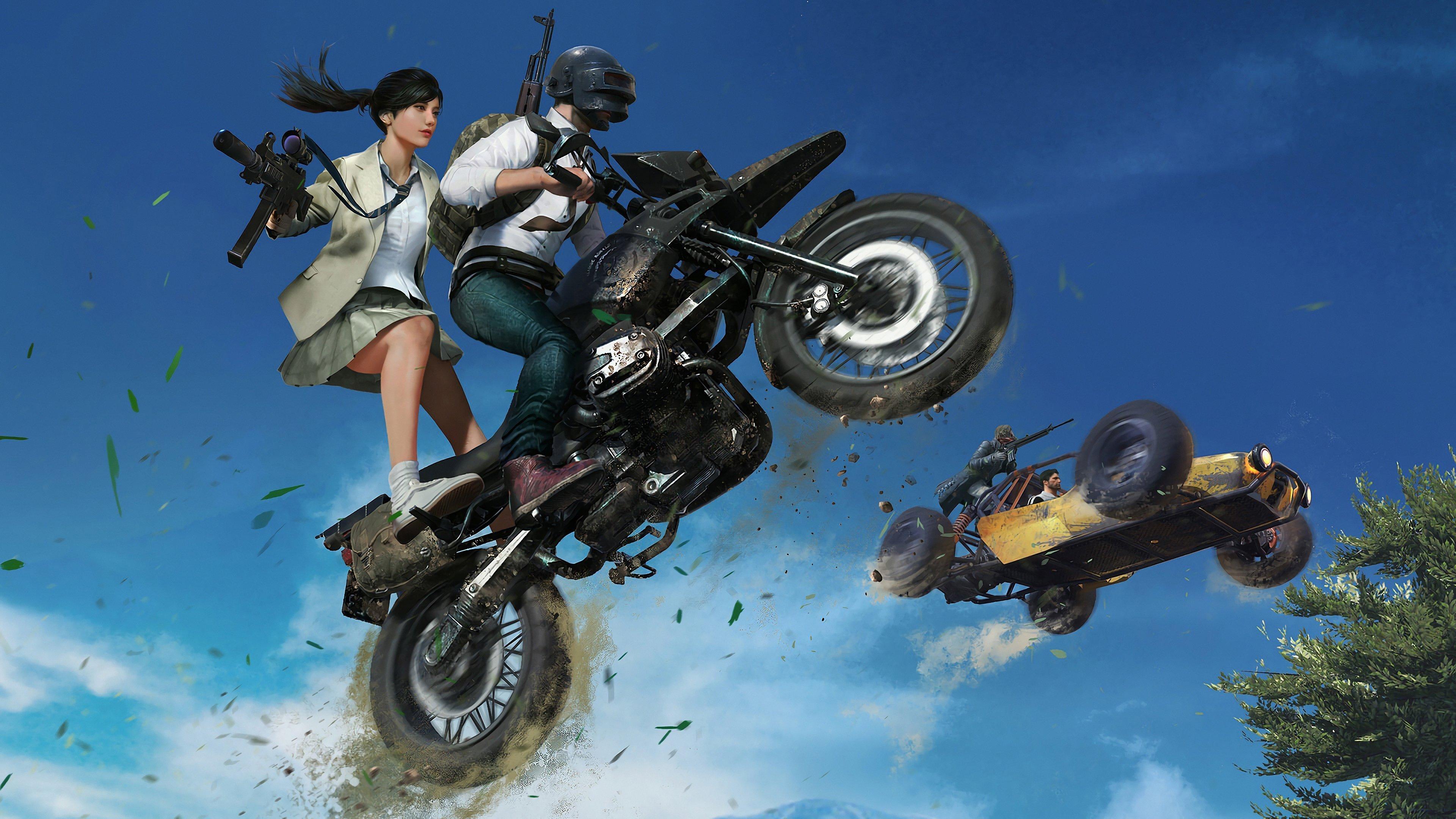 PUBG player on bike with girl friend with guns wallpaper