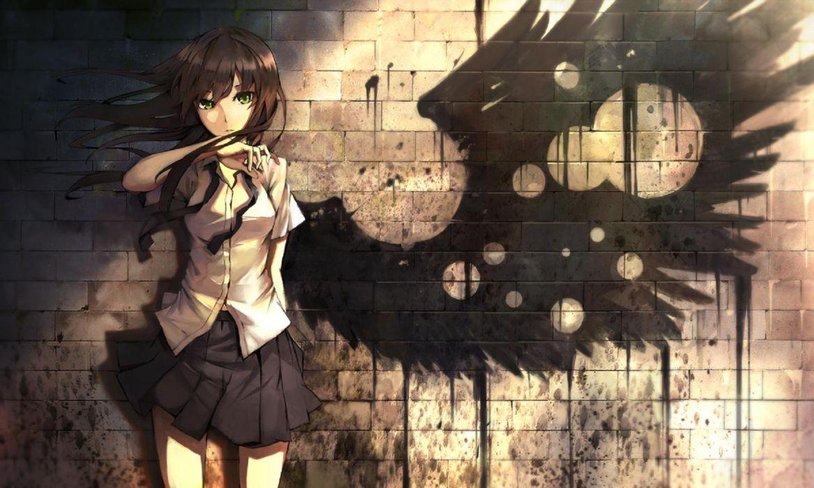 War angel wing painting school uniform girl wallpaperx1080