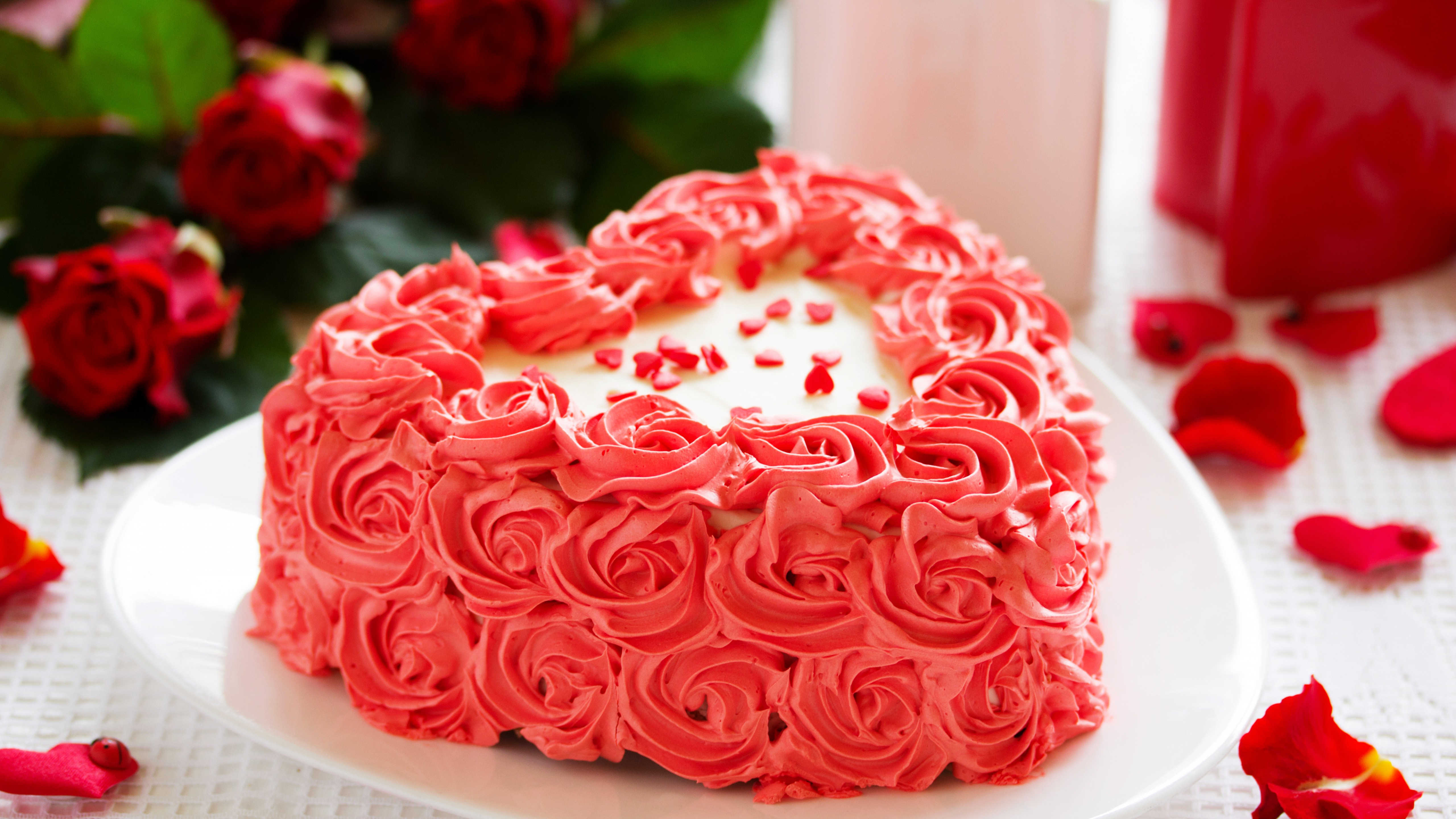 Wallpaper Cake, heart, roses, red, cream, Food