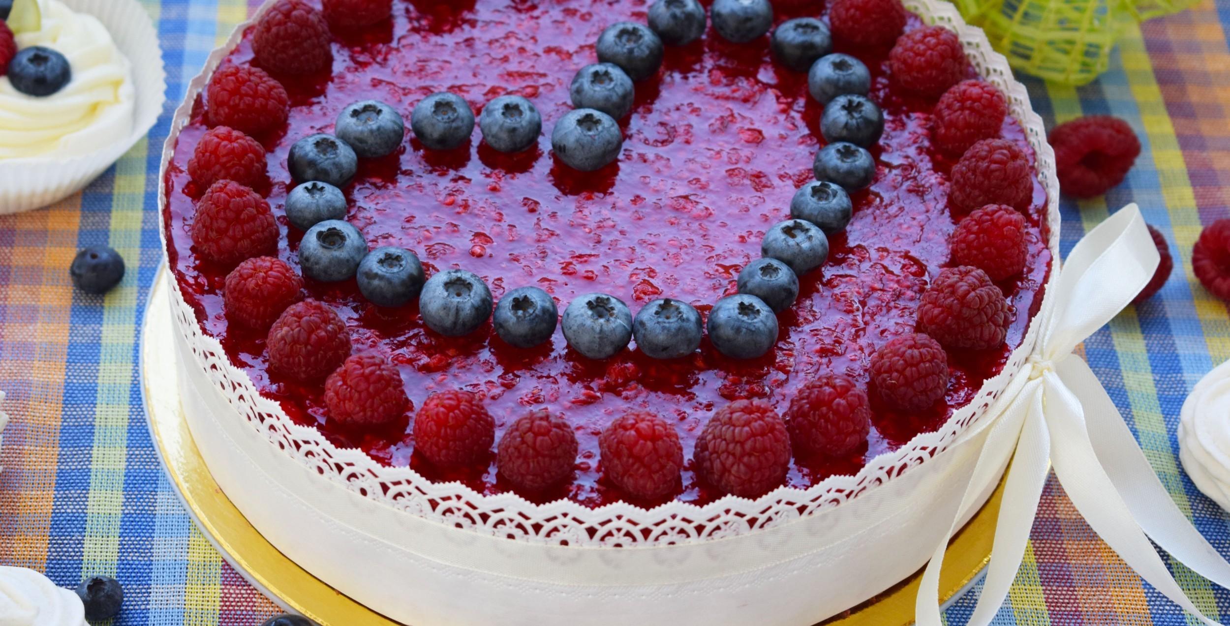 Download 2500x1273 Berry Cake, Dessert, Raspberries, Blueberries