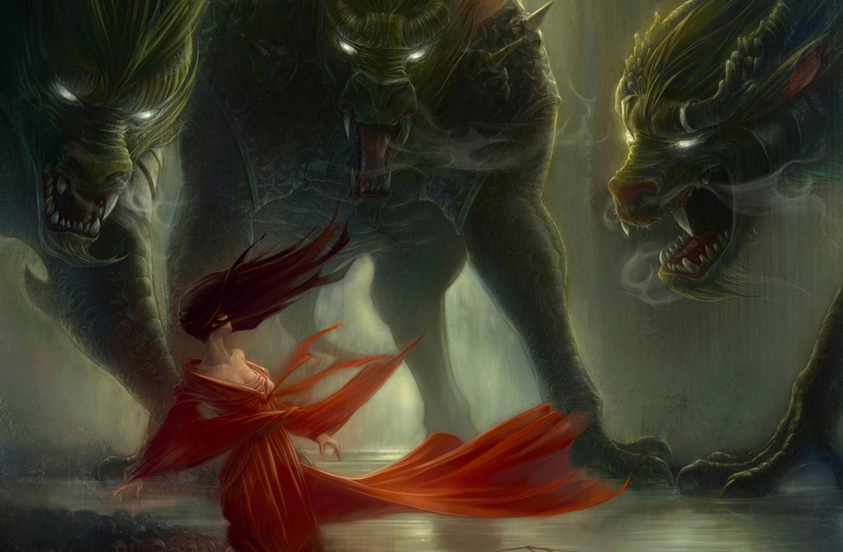 Fantasy art dark horror monsters demons wolves wolf women mood