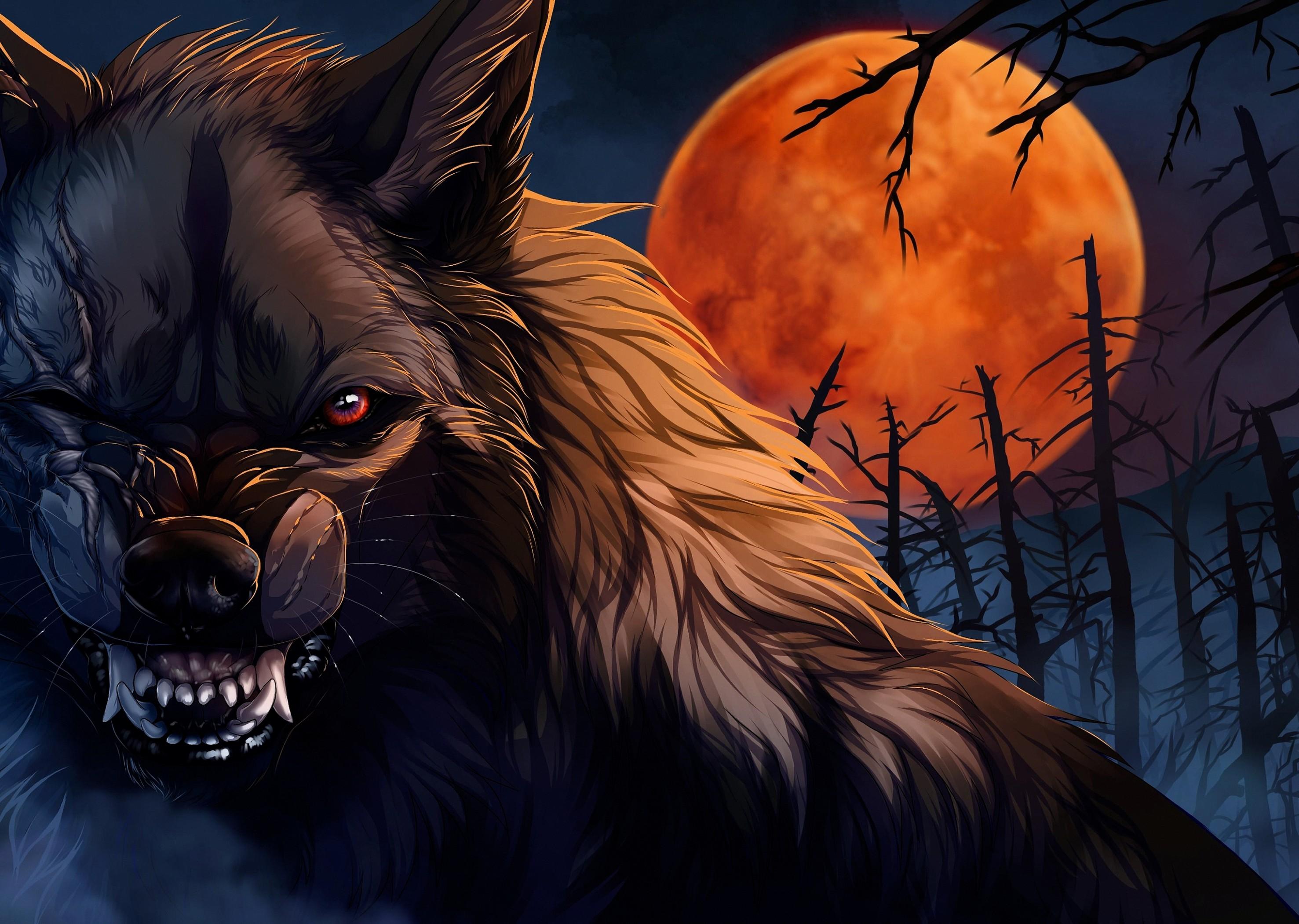Download 2954x2101 Wolf, Red Moon, Fantasy Creatures, Scary