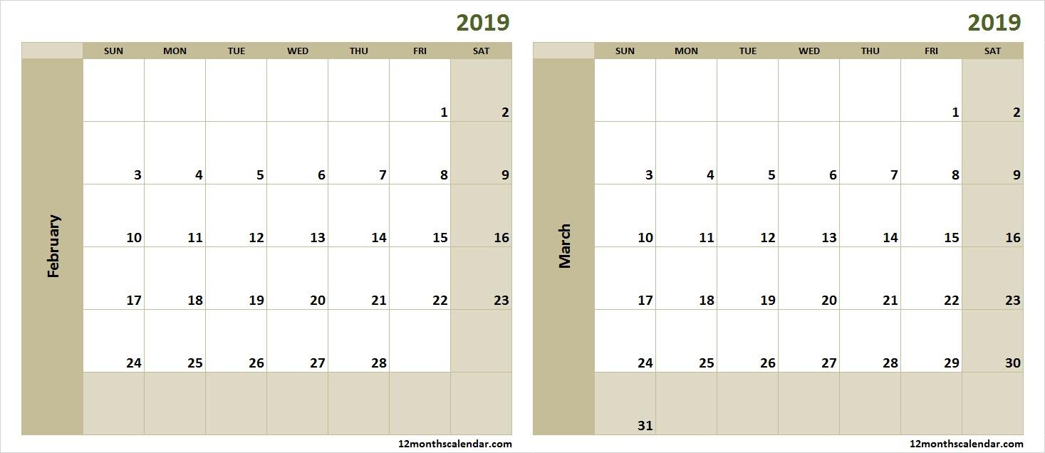 Printable February March 2019 Calendar Desktop Month Calendar