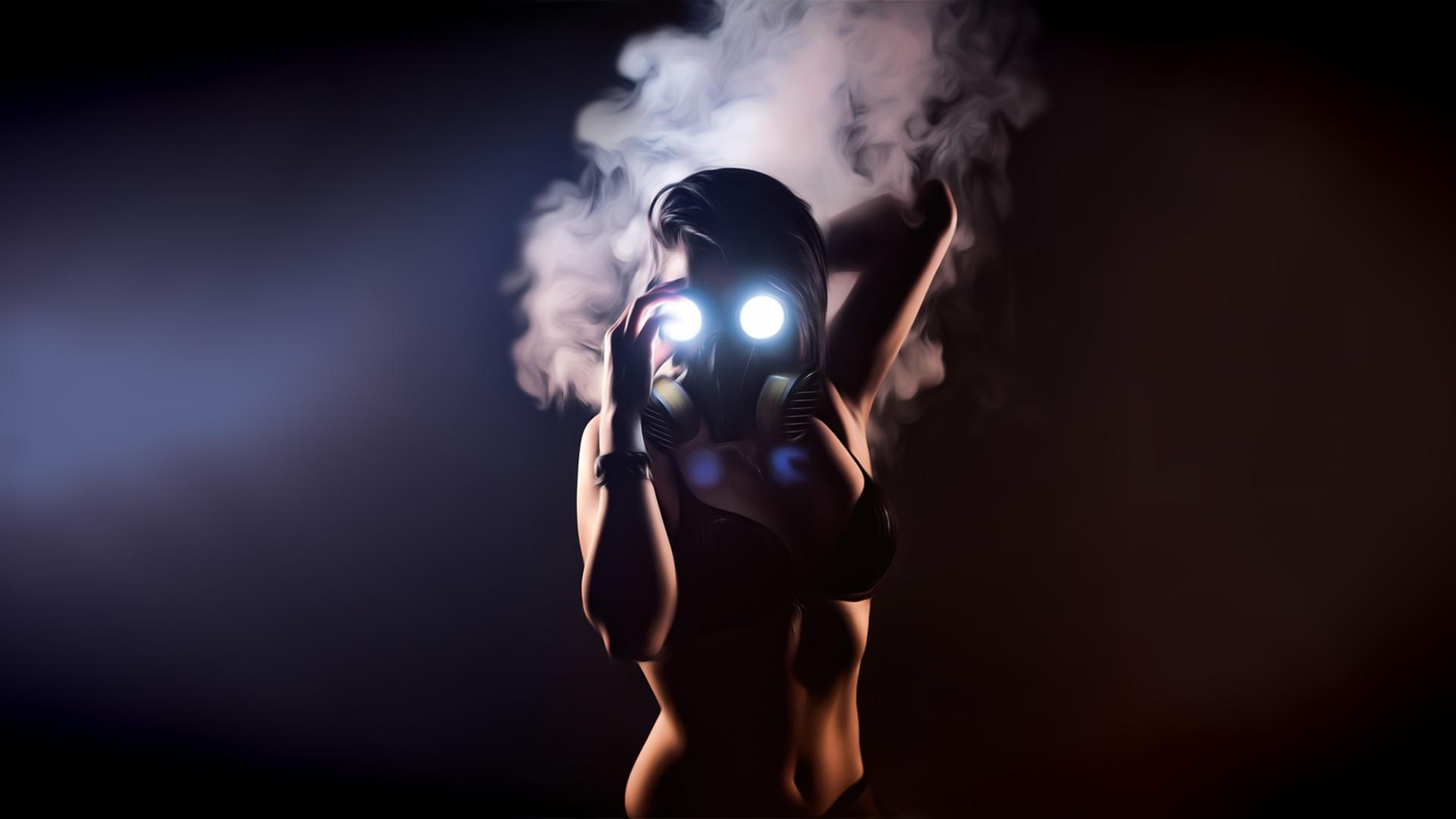 Wallpaper, women, model, gas masks, photography, glowing, smoke
