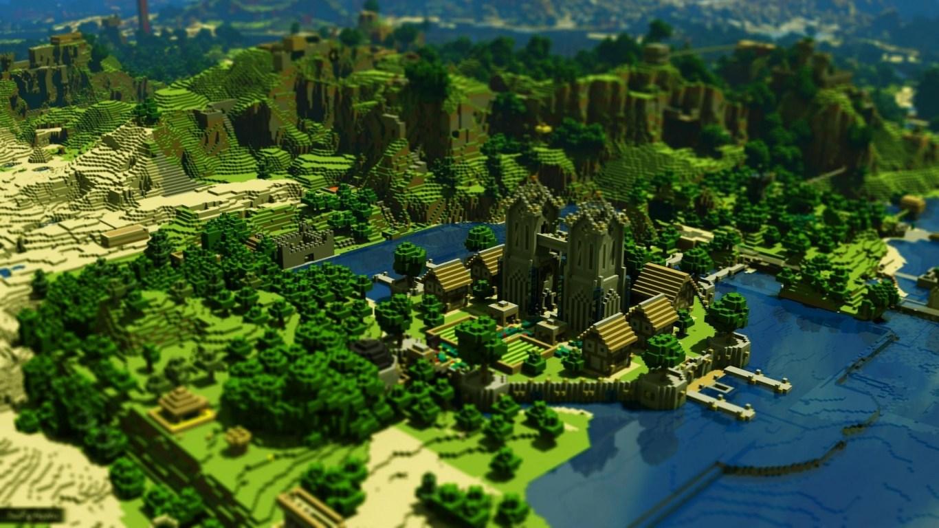 Download HD Minecraft Village Green Trees Mountains Water Wallpaper
