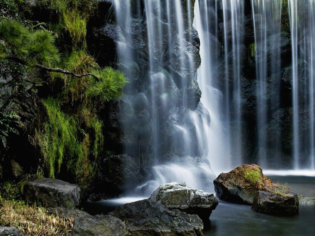 Tropical Waterfall Cascade Rocks Moss Nature Wallpaper For Desktop