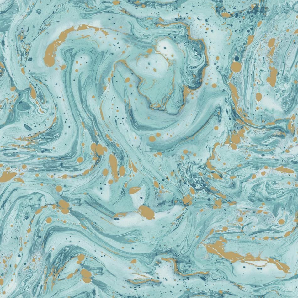 Azurite Teal and Foil Gold Oil Marble Wallpaper