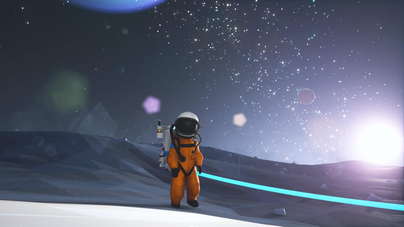 Astronaut walking on land illustration, Astroneer, space, lens flare