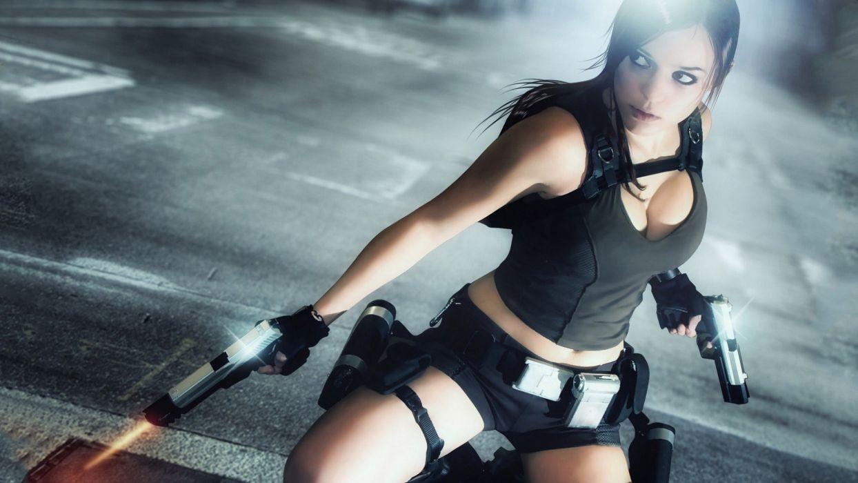Lara Croft Tomb Raider Cosplay Handgun Brunette Cleavage wallpaper