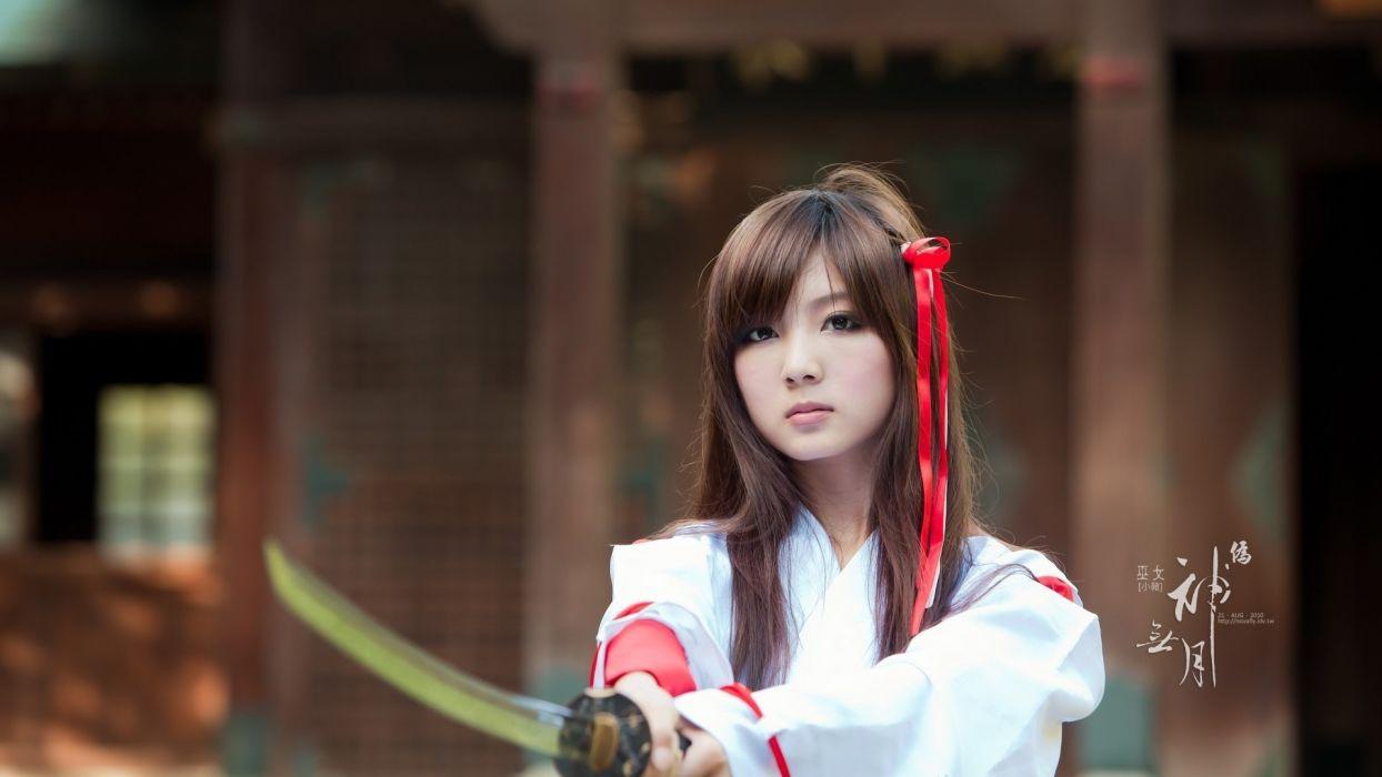 Women Japan cosplay katana Japanese brown eyes Asians girls