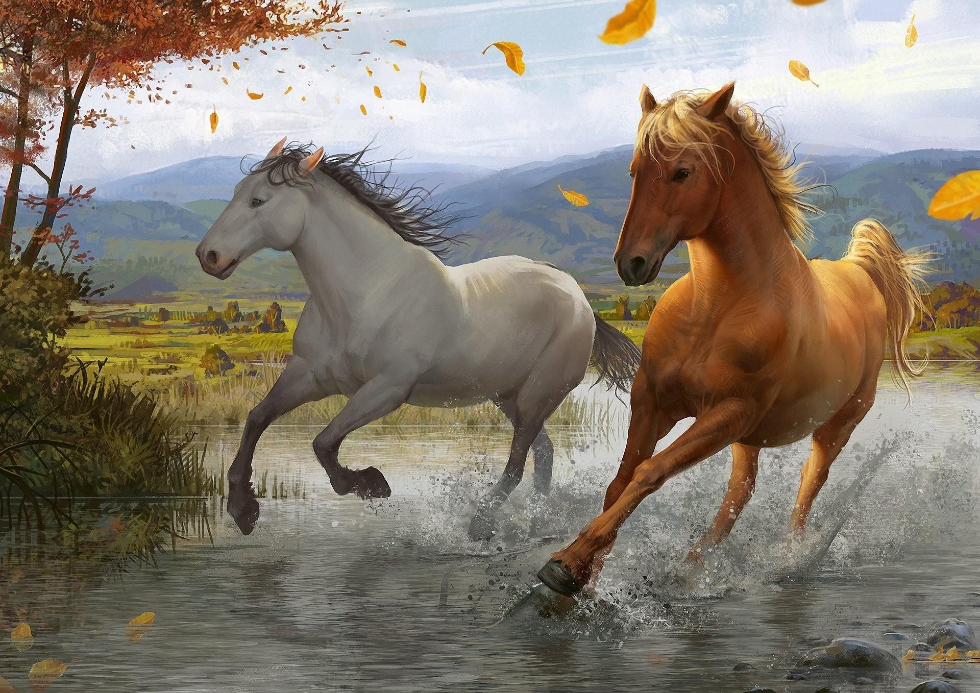Animals: Wind Tree Art River Spray Running Horse Foliage Animals