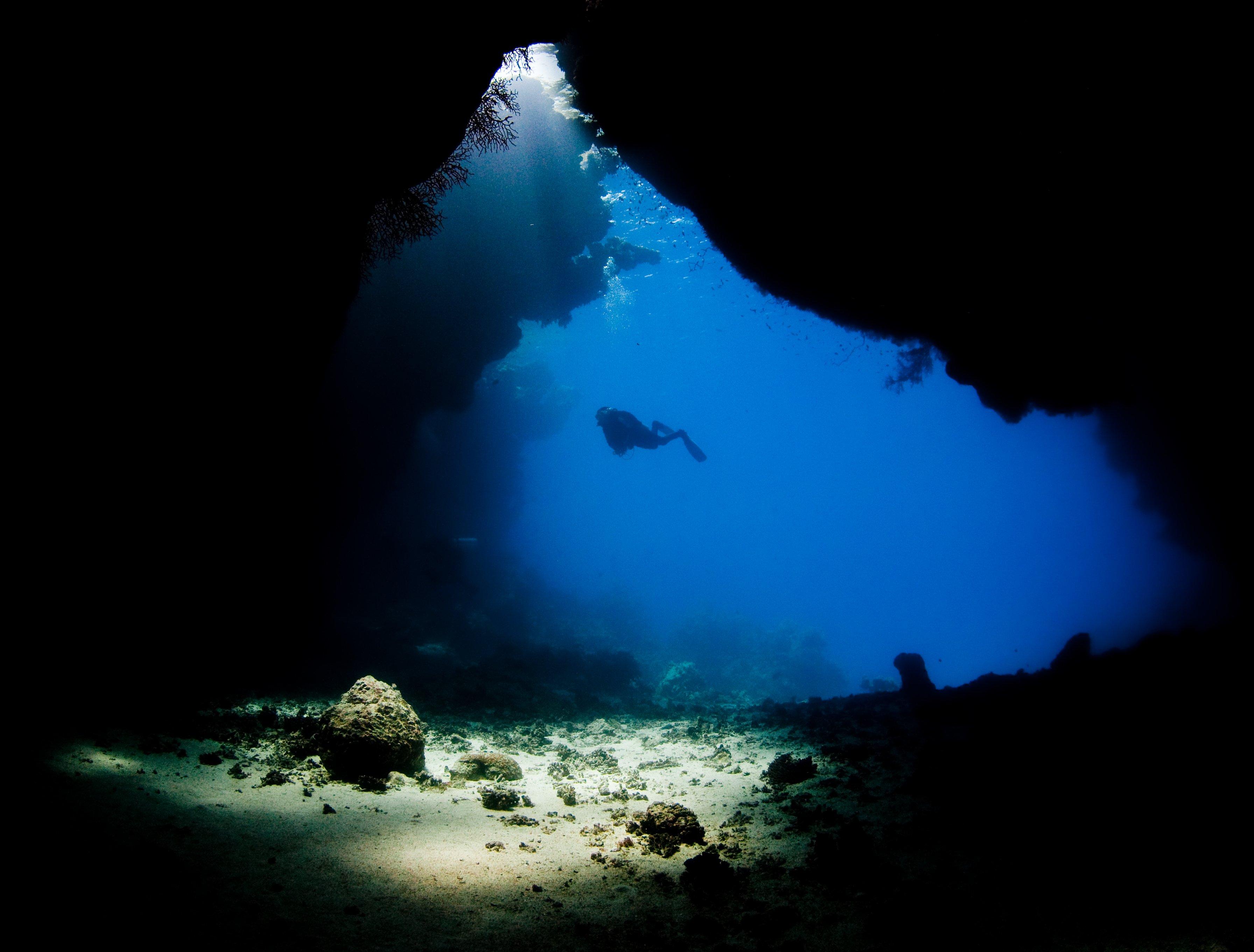 Scuba diving diver ocean sea underwater cave wallpaperx2722