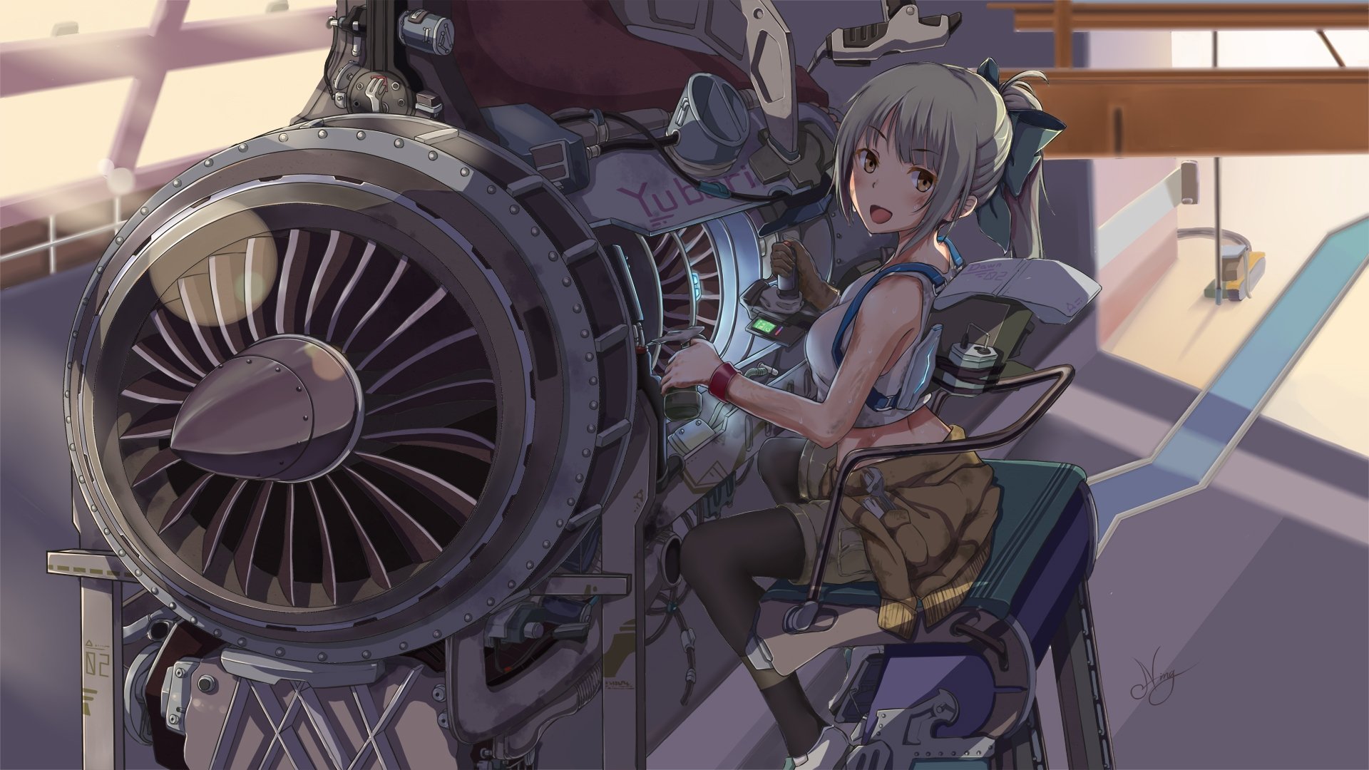 Download 1920x1080 Anime Girl, Mechanic, Engine, Repair, Smiling
