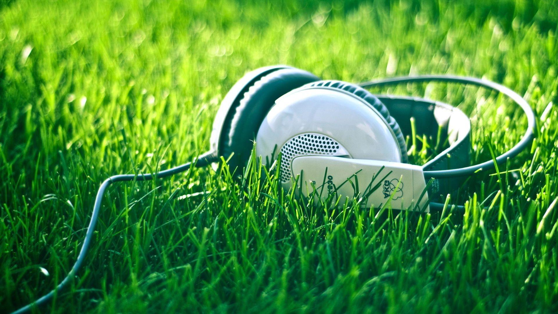 AKG headphones on the lawn. Android wallpaper for free