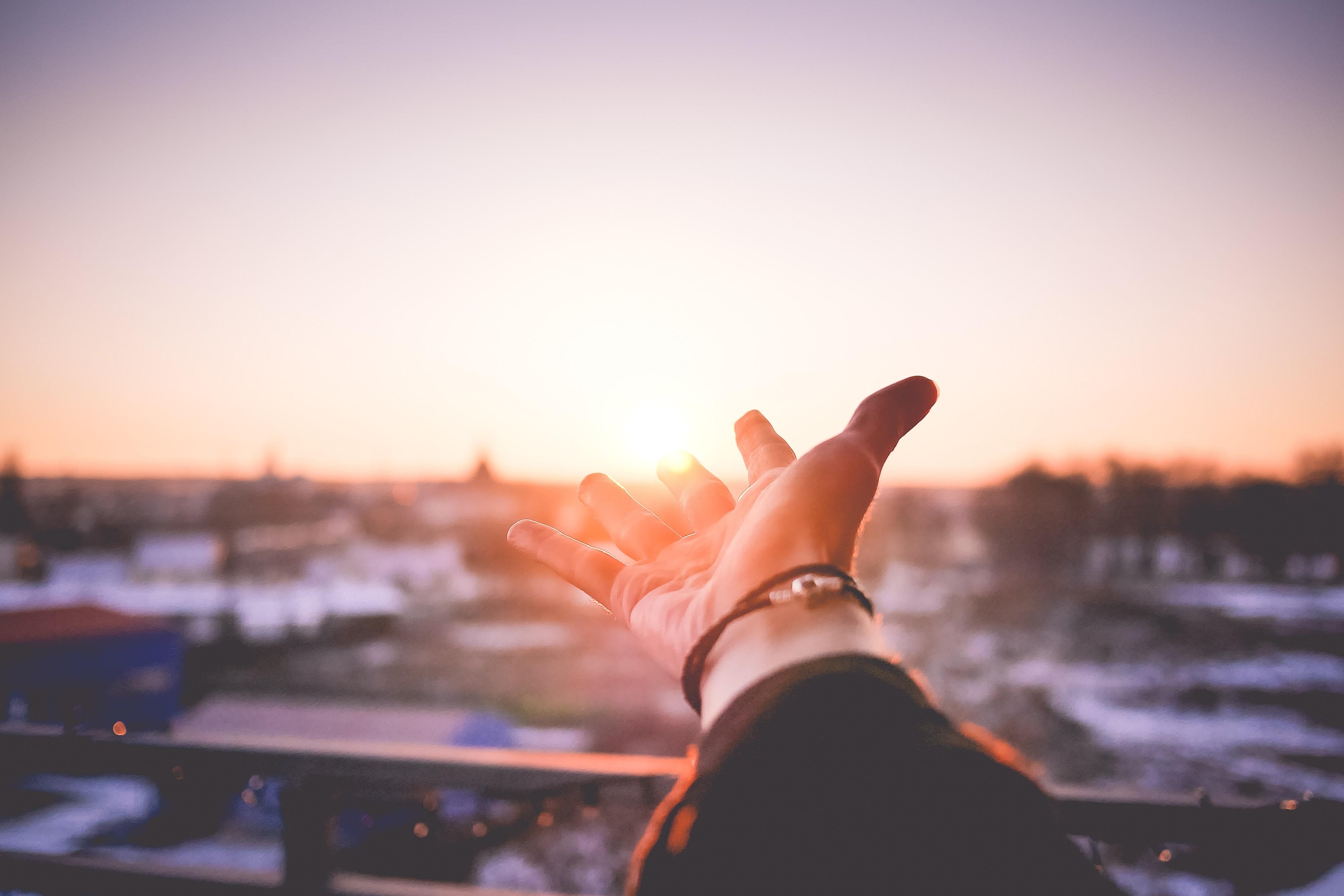 Wallpaper, 4000x2669 px, depth of field, hands, landscape, sunset