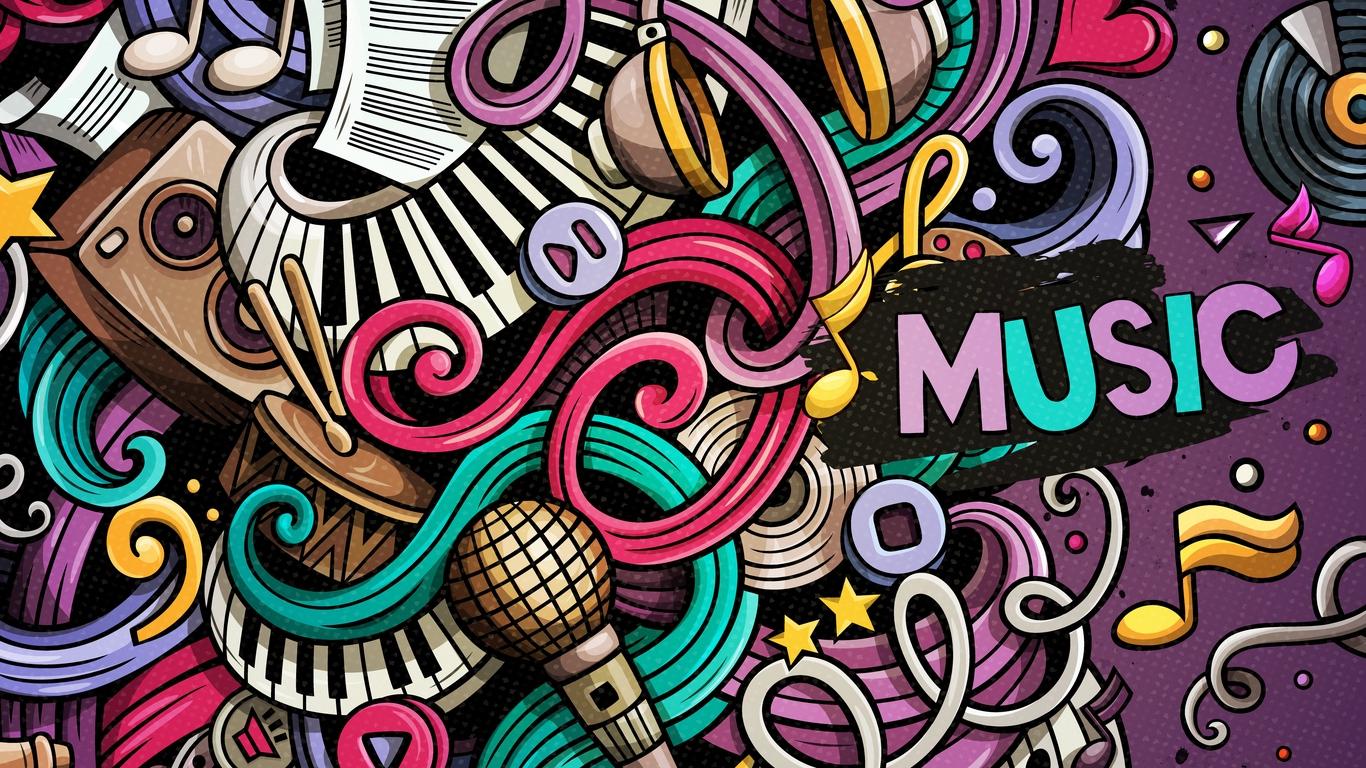 Download wallpaper 1366x768 music, doodles, colorful, musical