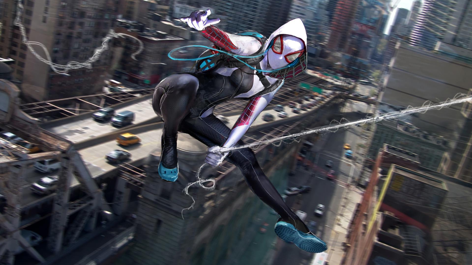 Wallpaper, Spider Gwen, cityscape, spider, Spider Man 1920x1080