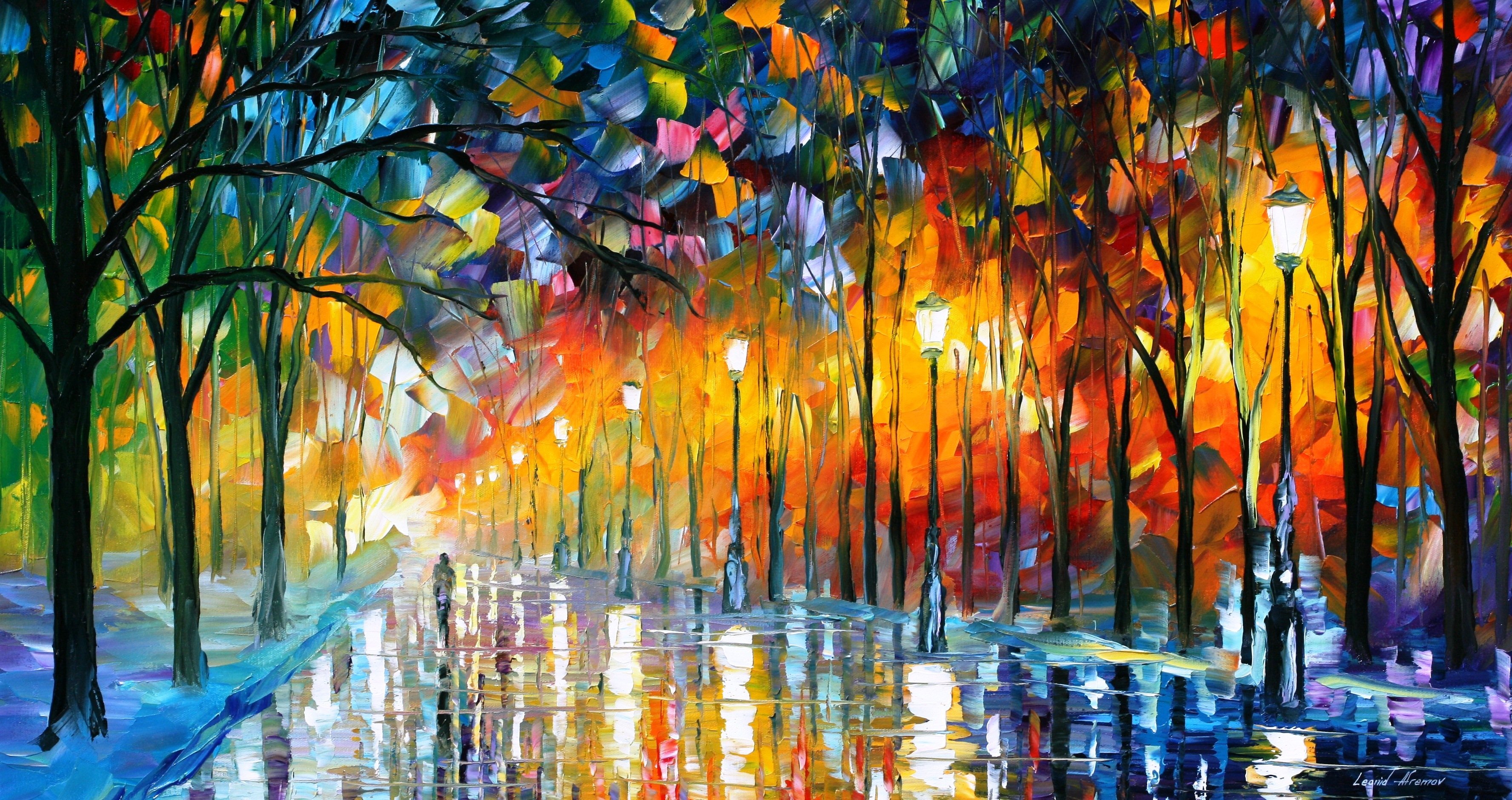 Leonid Afremov art oil artist color tree light painting wallpaper