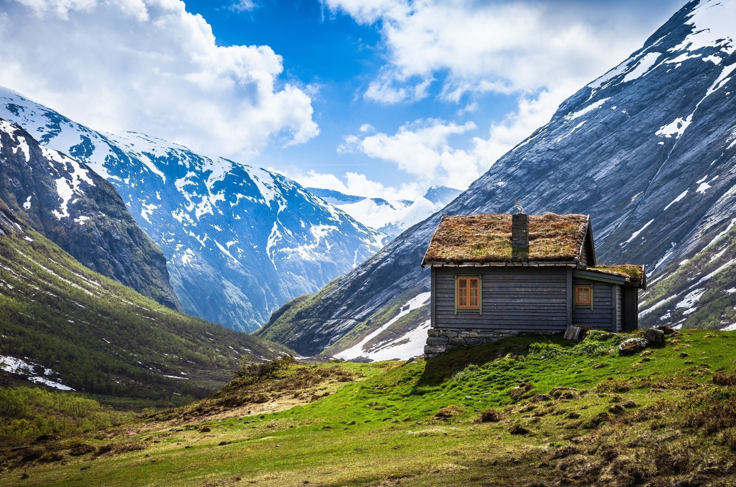 Download 2412x1596 House, Mountains, Clouds, Field, Cabin Wallpaper