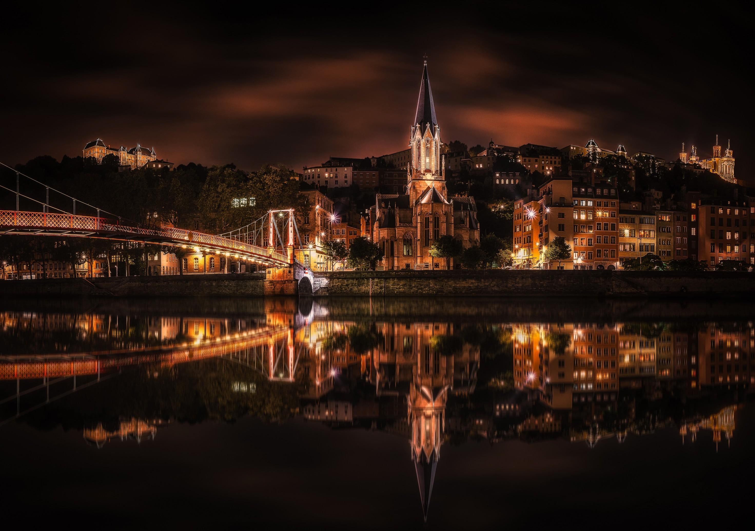 Download 2943x2069 Church, River, Light, Night, Bridge, Reflection