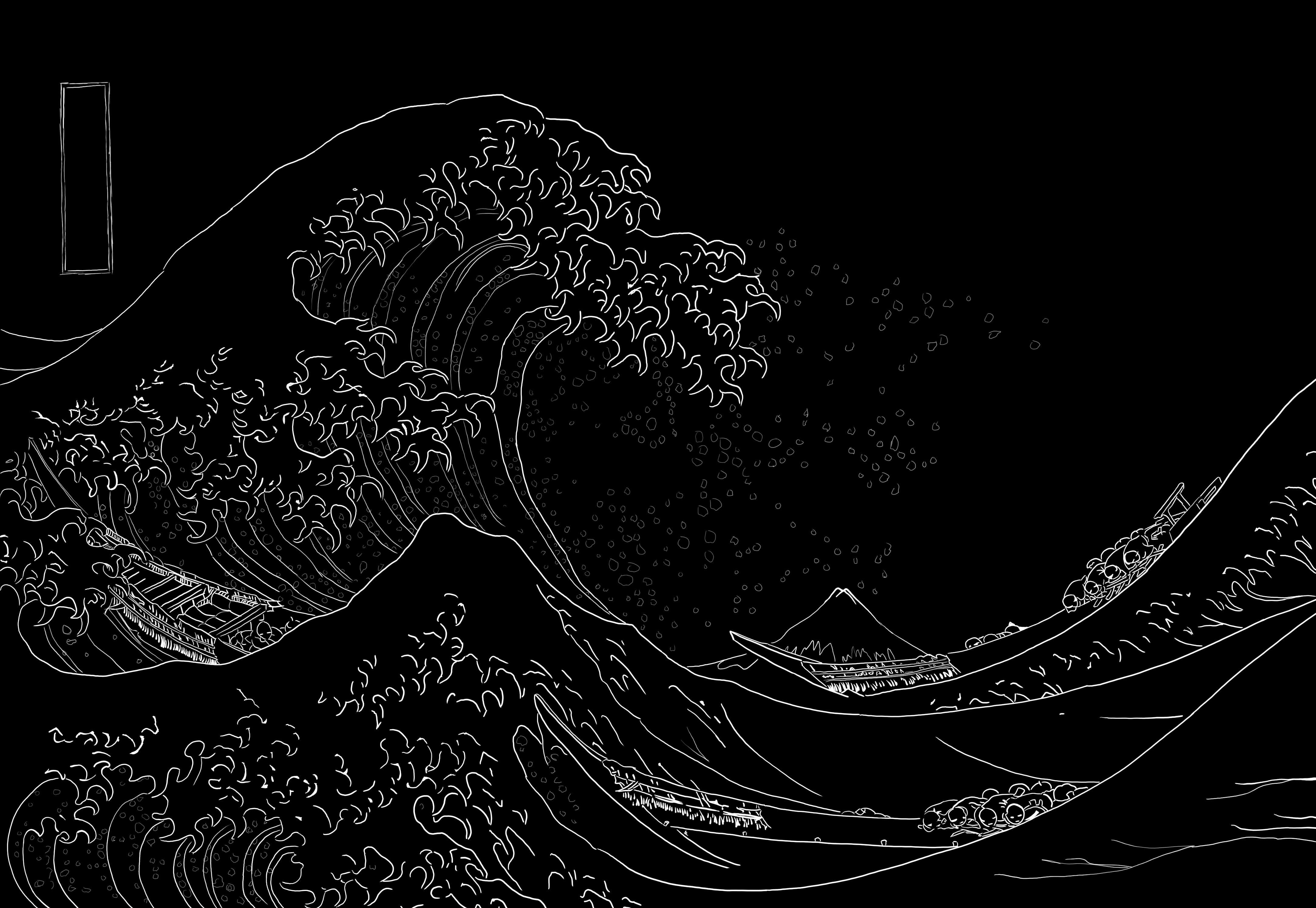 Black And White Japanese Waves Wallpaper