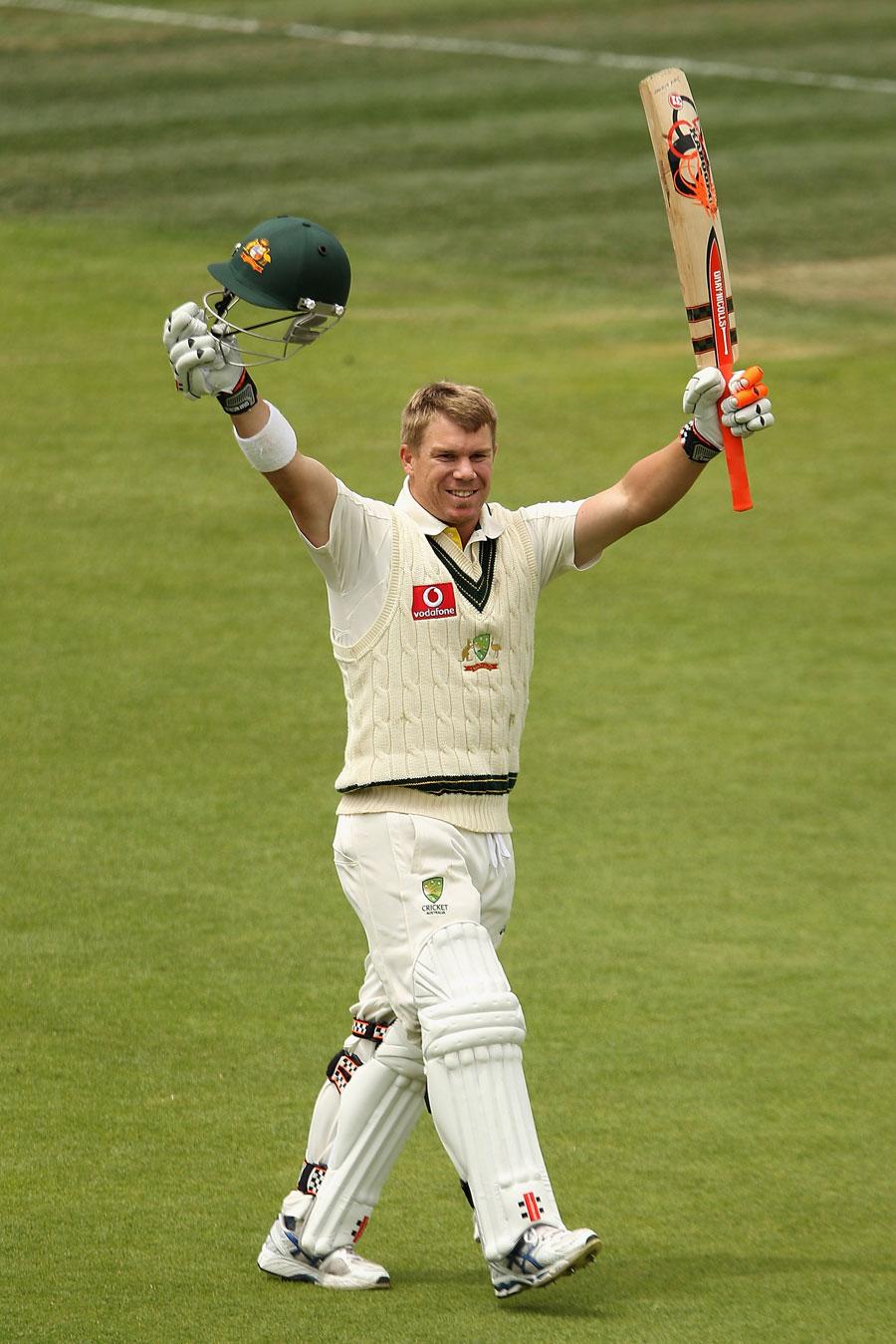 David Warner celebrates his maiden Test ton. Photo. Australia v