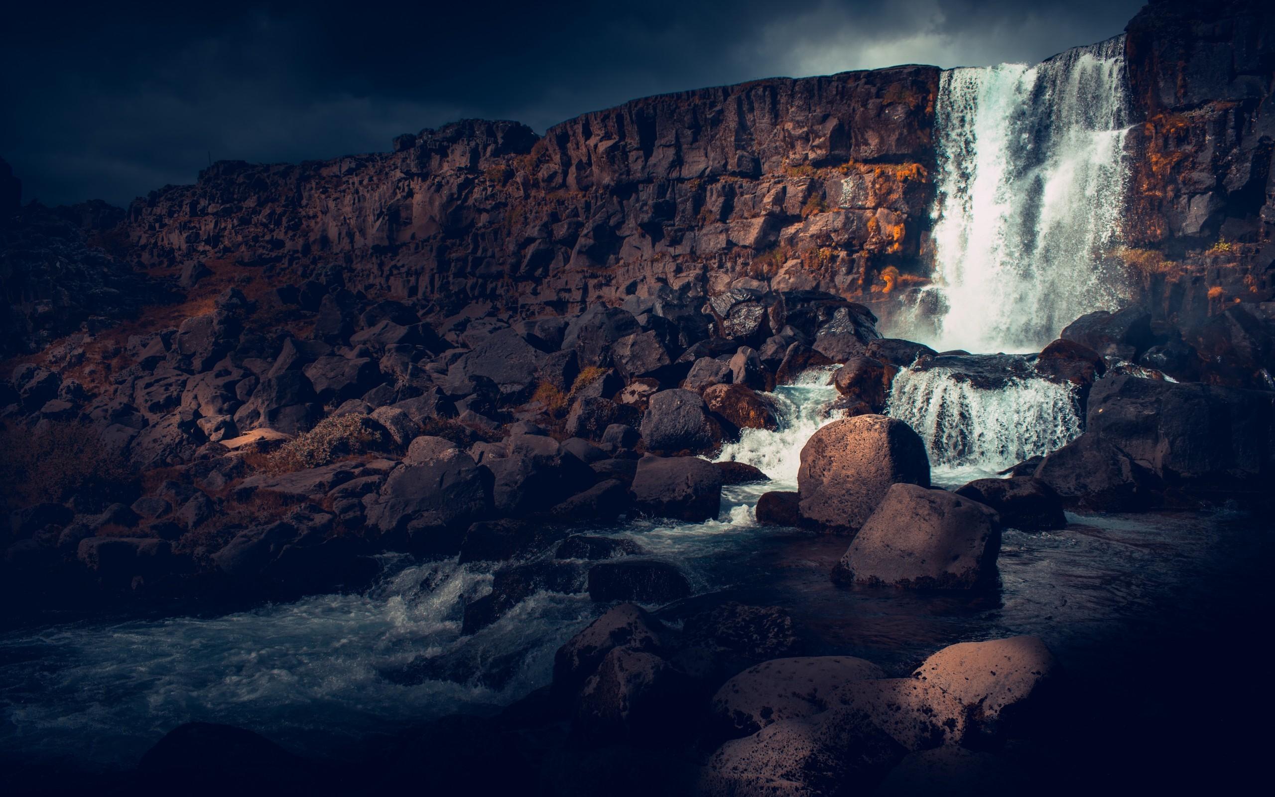 Download 2560x1600 Iceland, Waterfall, Rocks, Dark Weather, Cascade