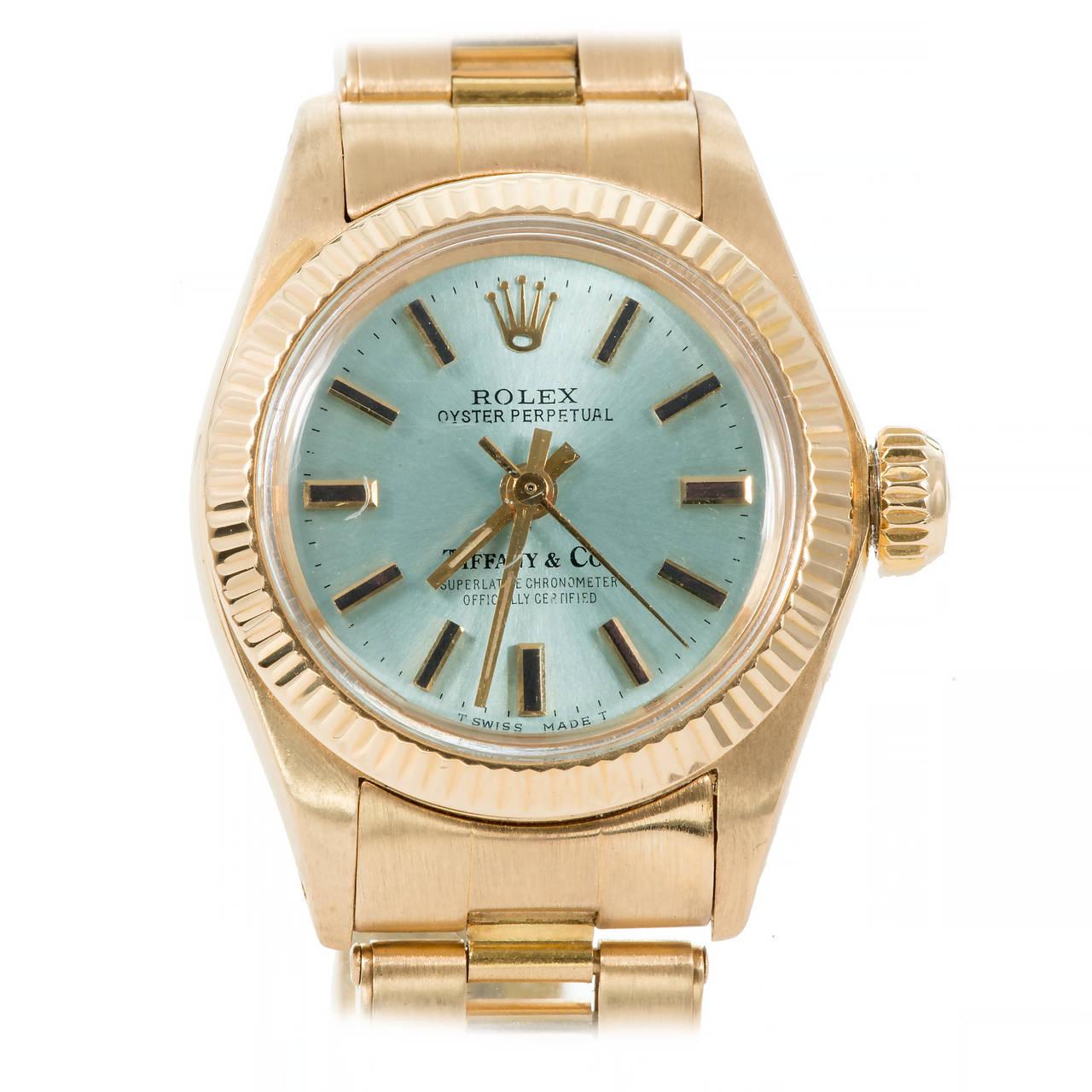 Tiffany and Co. Rolex Lady's Yellow Gold Ice Blue Dial Wristwatch