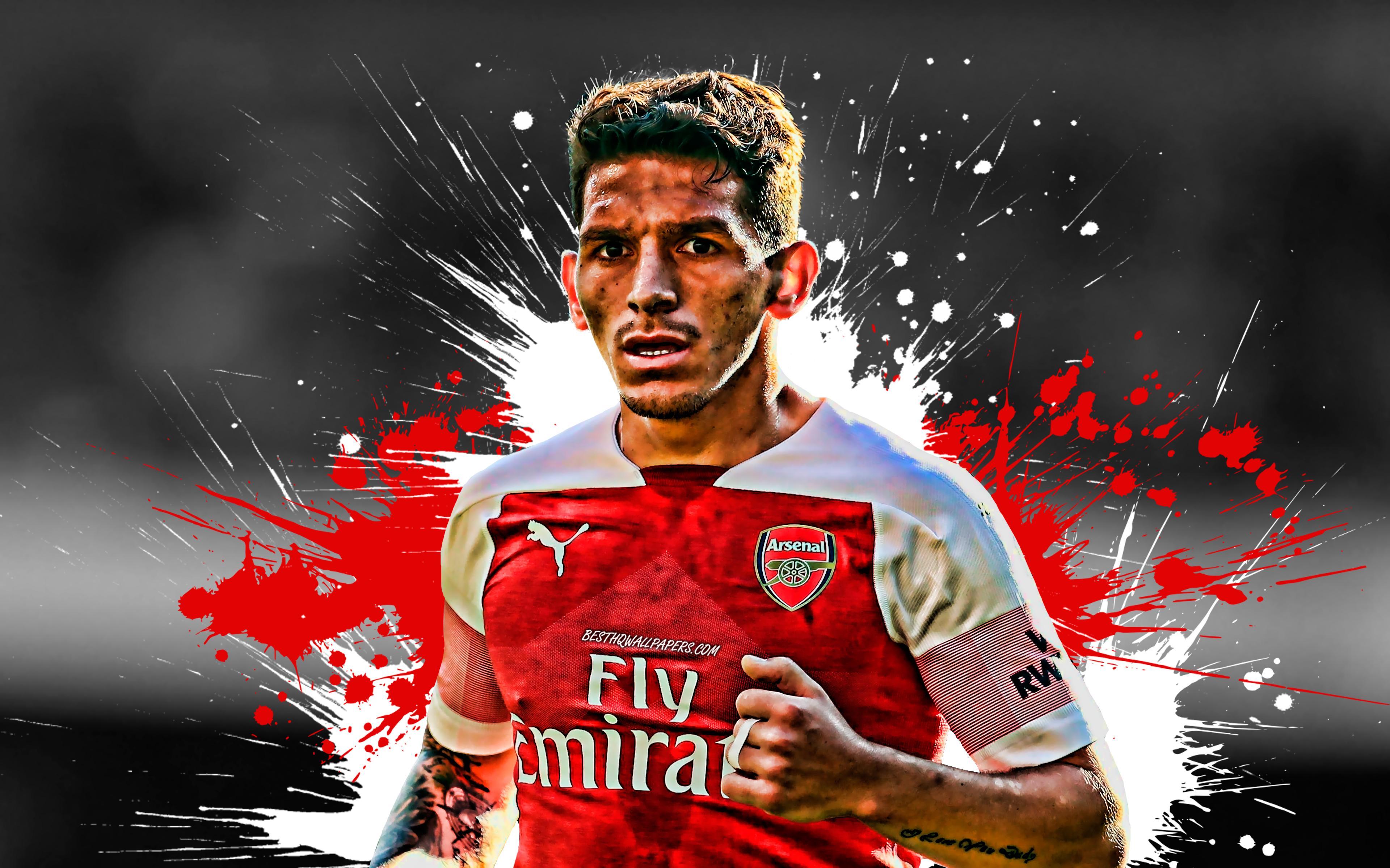 Download wallpaper Lucas Torreira, white and red, Arsenal FC