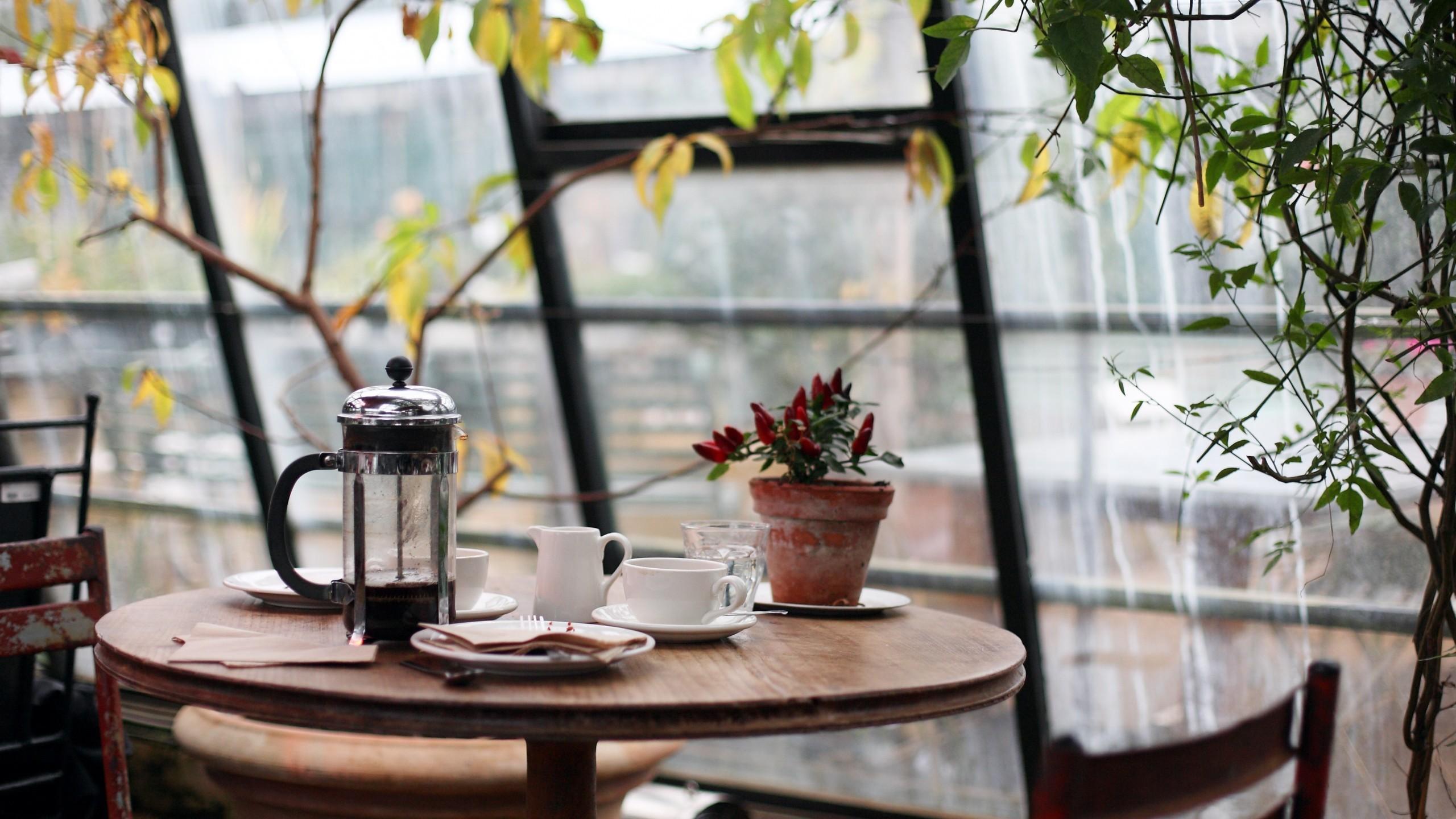 Download 2560x1440 Coffee Shop, Desk, Rainy Day, Table Wallpaper