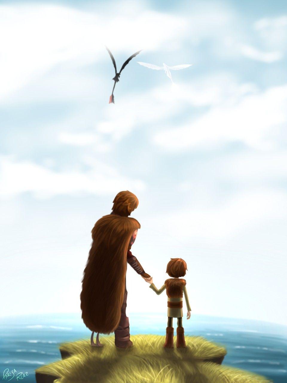Hiccup showing his son Toothless and the Light Fury. HTTYD