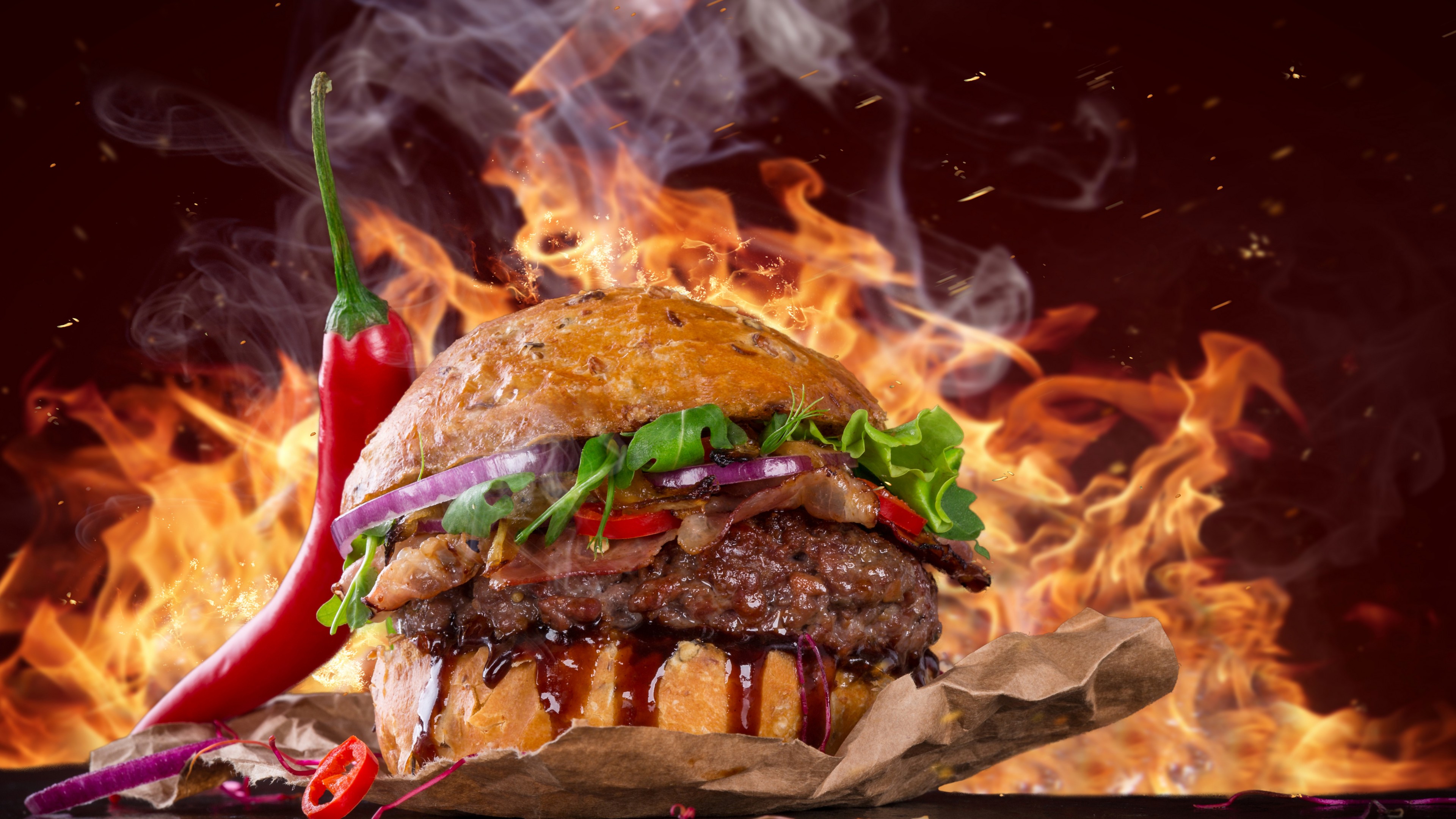 Wallpaper burger, steak, fire, fast food, pepper, 5k, Food