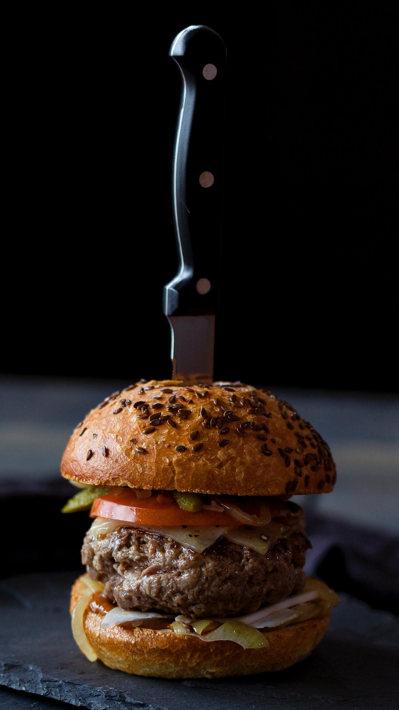 Download wallpaper 1350x2400 burger, hamburger, buns, meat, knife