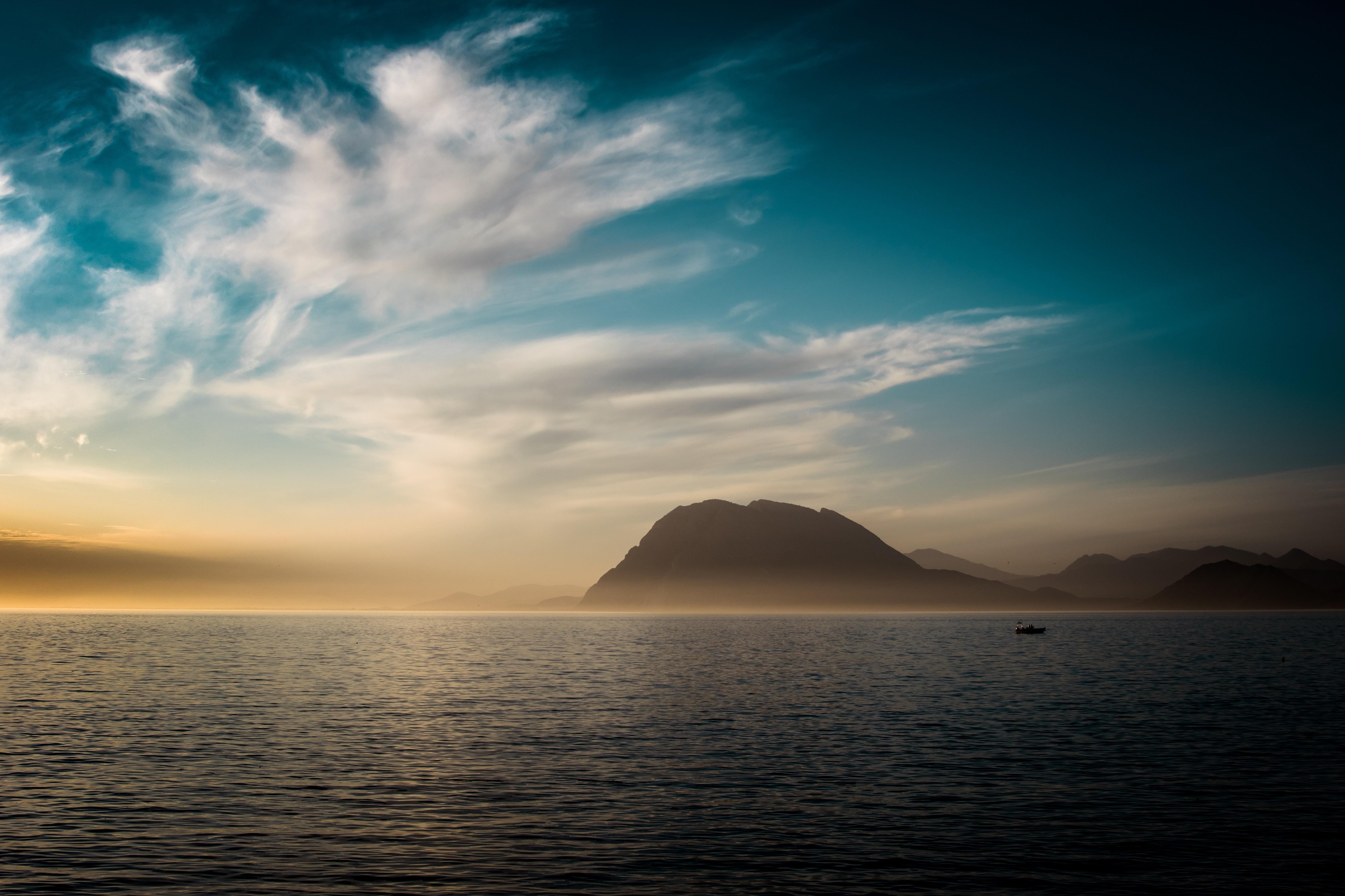 Download 4982x3320 Evening, Boat, Clouds, Ocean, Horizon Wallpaper