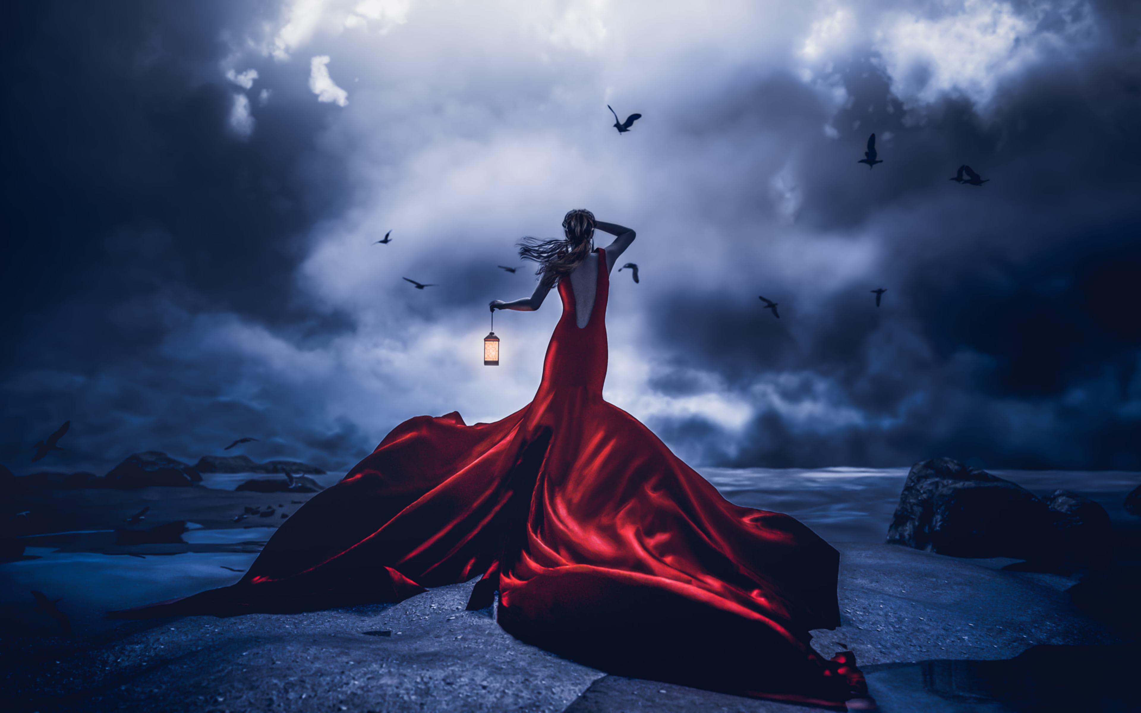 Girl red dress lantern lost night Wallpaper and Free Stock