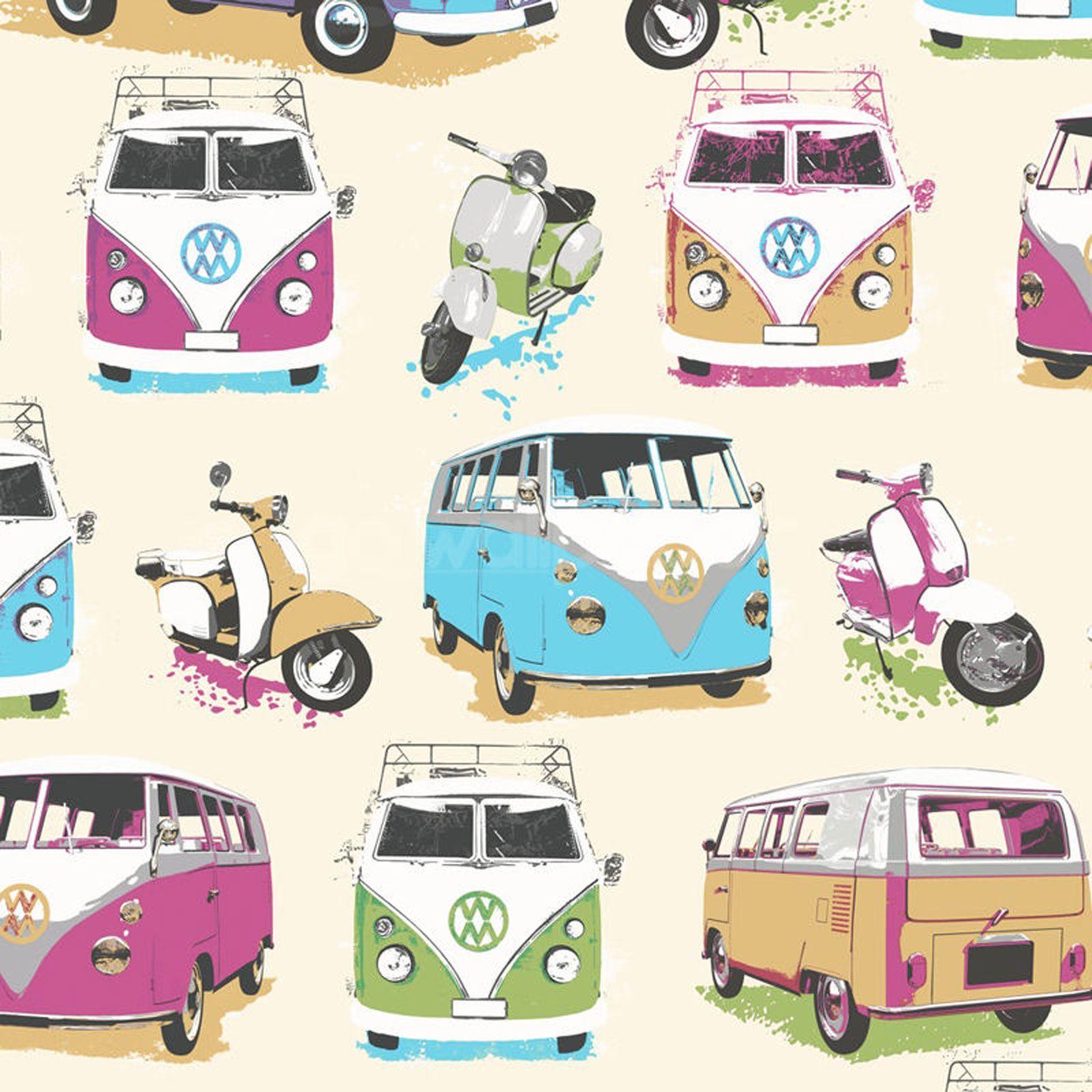 VOLKSWAGEN WALLPAPER SCOOTERS CITY CAMPERS WALL DECOR NEW